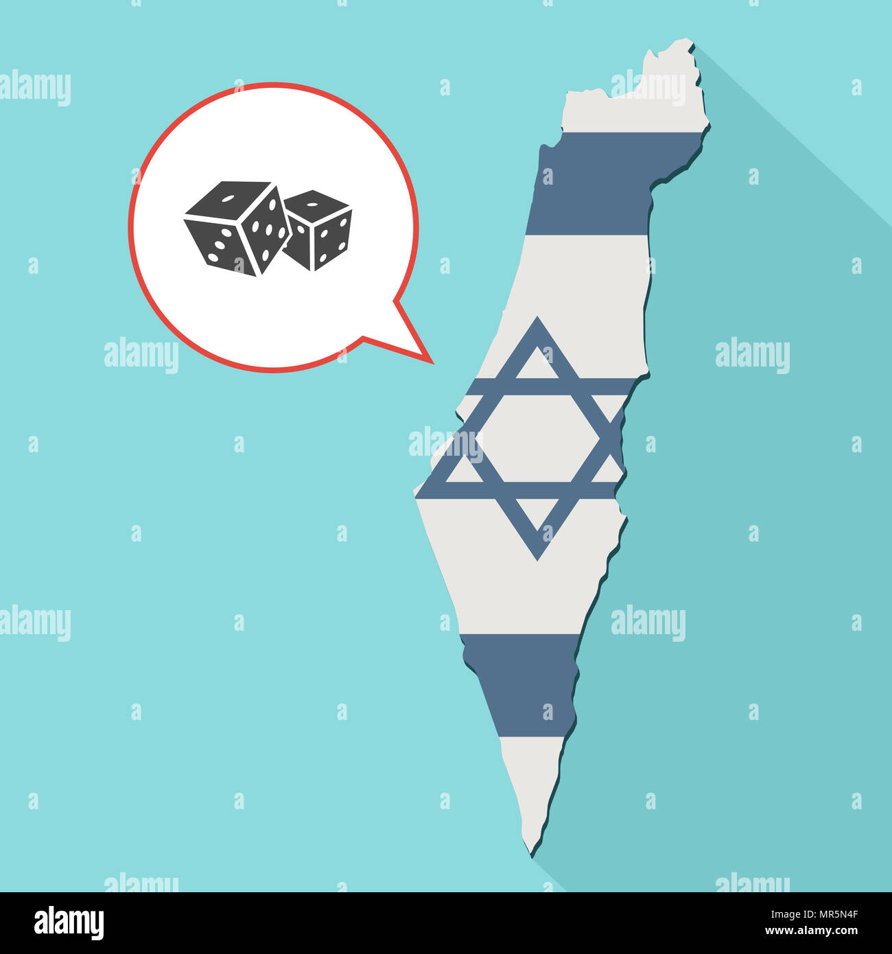 Abbildung: einen langen Schatten Israel Karte mit seiner Flagge und ein Comic Ballon mit einem Würfel Stockfoto