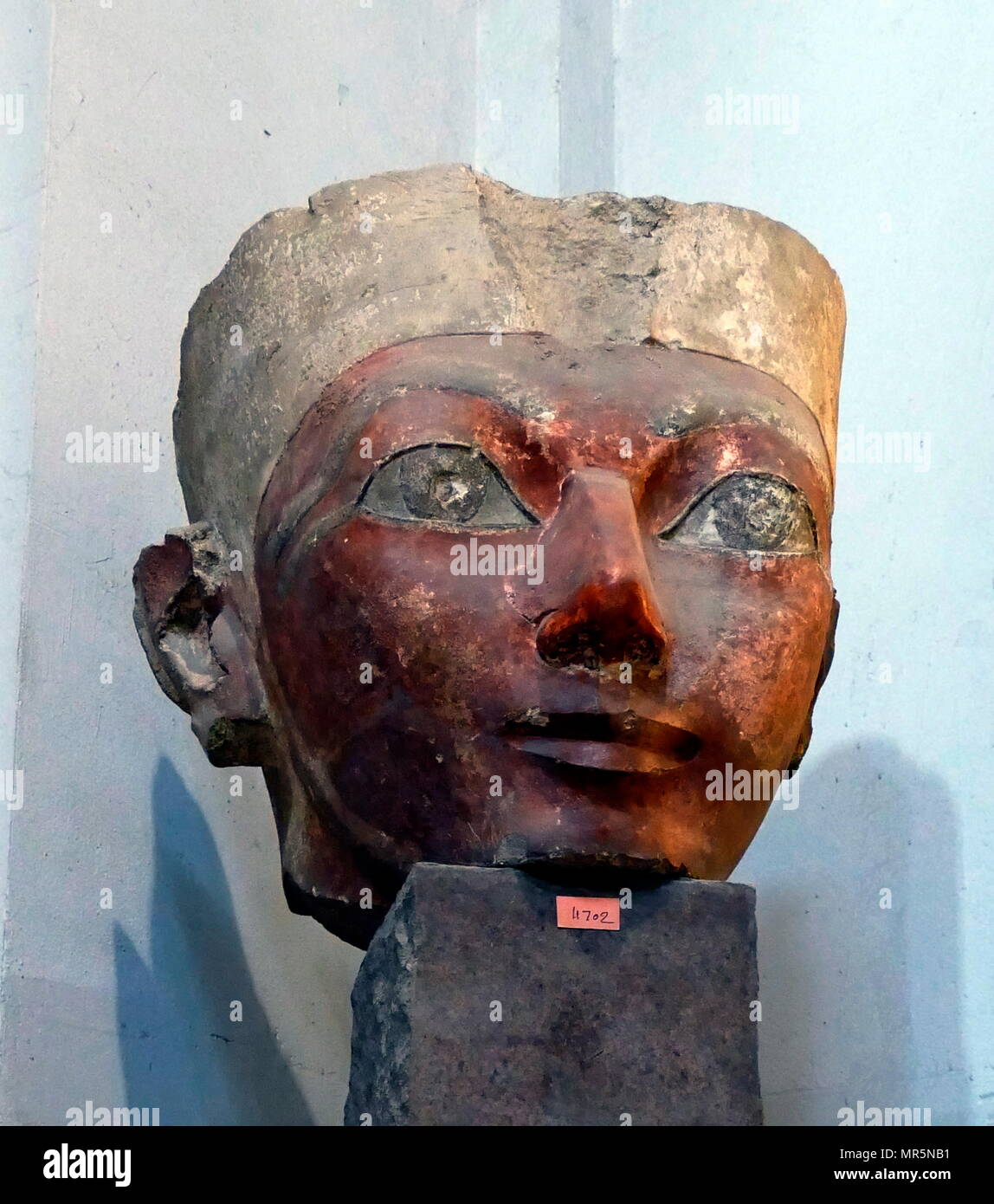 Antike Ägyptische Statue (Kalkstein bemalt) bleiben, die Büste der Königin Hatschepsut, die Ägypten von 1479 bis 1458 v. Chr. 18. Dynastie regiert, das neue Königreich Stockfoto