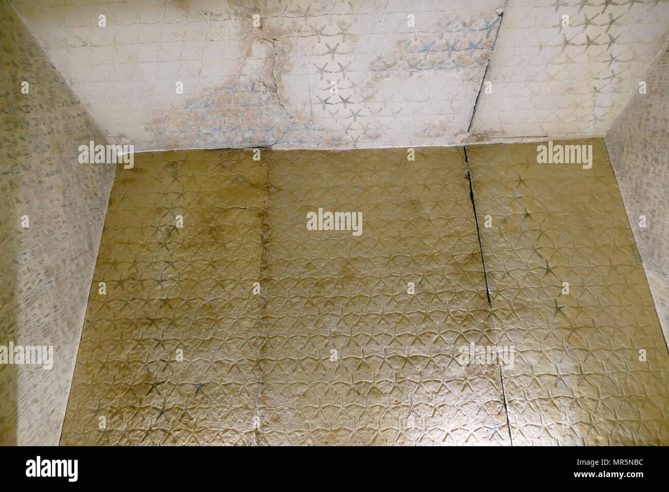 Die Reliefs in der Pyramide des Unas, in Sakkara, in der Nähe von Kairo in Ägypten. Es war für den Pharao Unas, die neunte und letzte König der fünften Dynastie in der Mitte des 24. Jahrhundert v. Chr. erbaut. die Pyramide des Unas ist der Erste, der die Texte an den Wänden der Grabkammern haben. Der Zauber dieser Pyramide Texte gedacht, um den toten König im Jenseits von Nutzen zu sein; einige wurden bei seinem Begräbnis Zeremonien rezitiert. Die Hieroglyphen in Unas "Pyramide sind mit feinem versenkten Relief eingeschnitten und blau lackiert, während die Decke des Sarkophags Kammer mit Sternen bedeckt ist Stockfoto