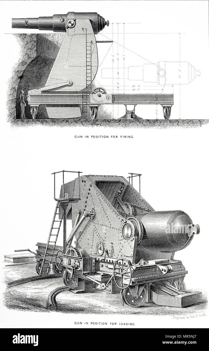 Gravur, Alexander Moncrieff der 9-Zoll-Gewehr, das eine 250 lb Shell feuerte Bohrung. Von William Armstrong & Co. in Newcastle upon Tyne gebaut. Wenn die Waffe abgefeuert wurde, der Rückstoß abgesenkt, um das Laden der Position hinter der schützenden Attika. Alexander Moncrieff (1829-1906) ein britischer Ingenieur und Offizier in der Armee. Vom 19. Jahrhundert Stockfoto