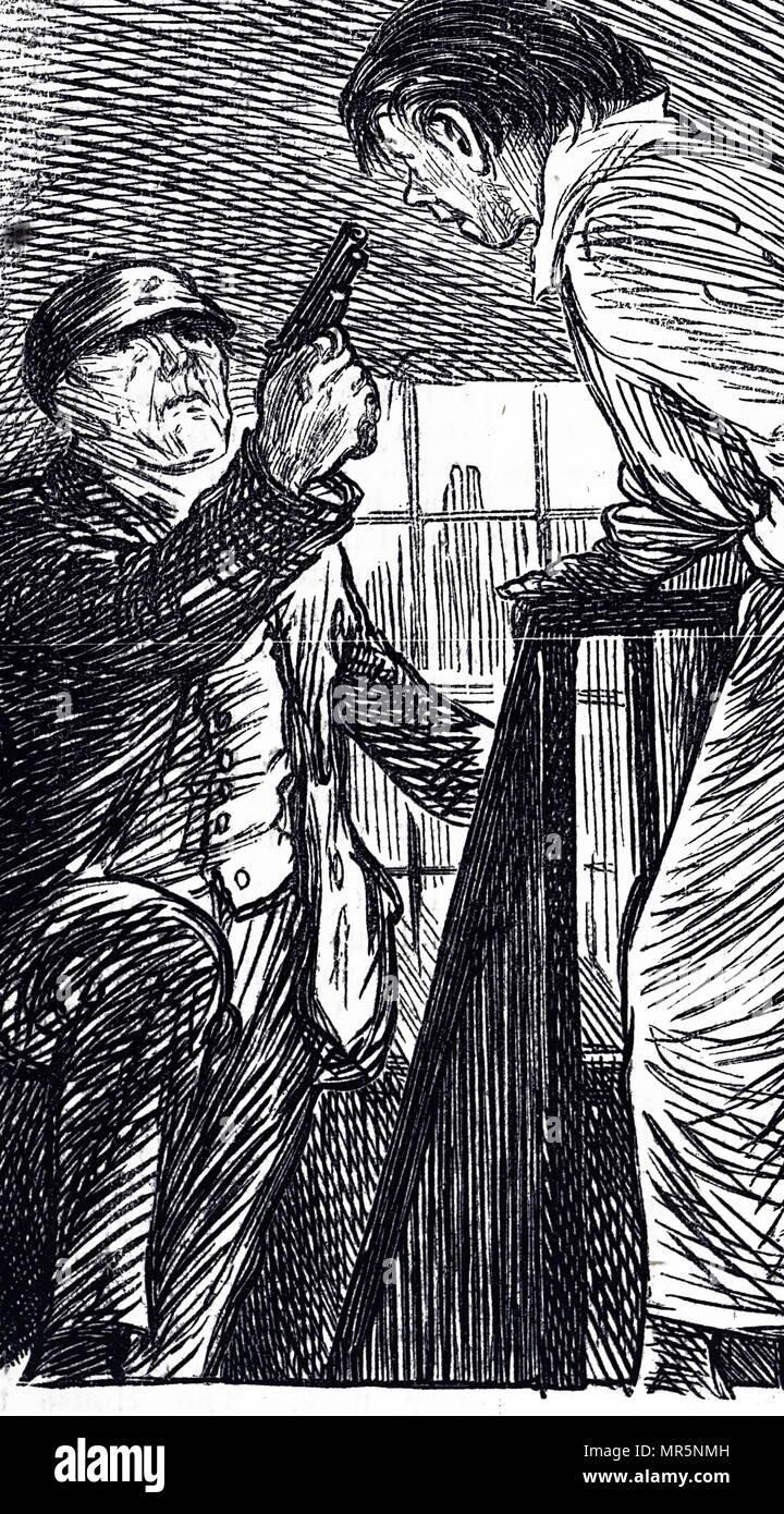 Gravur Darstellung ein Einbrecher durch die Hausbesitzer unterbrochen wird. Der Einbrecher droht der Mann mit einer Pistole, als er versucht, das Haus zu berauben. Vom 19. Jahrhundert Stockfoto