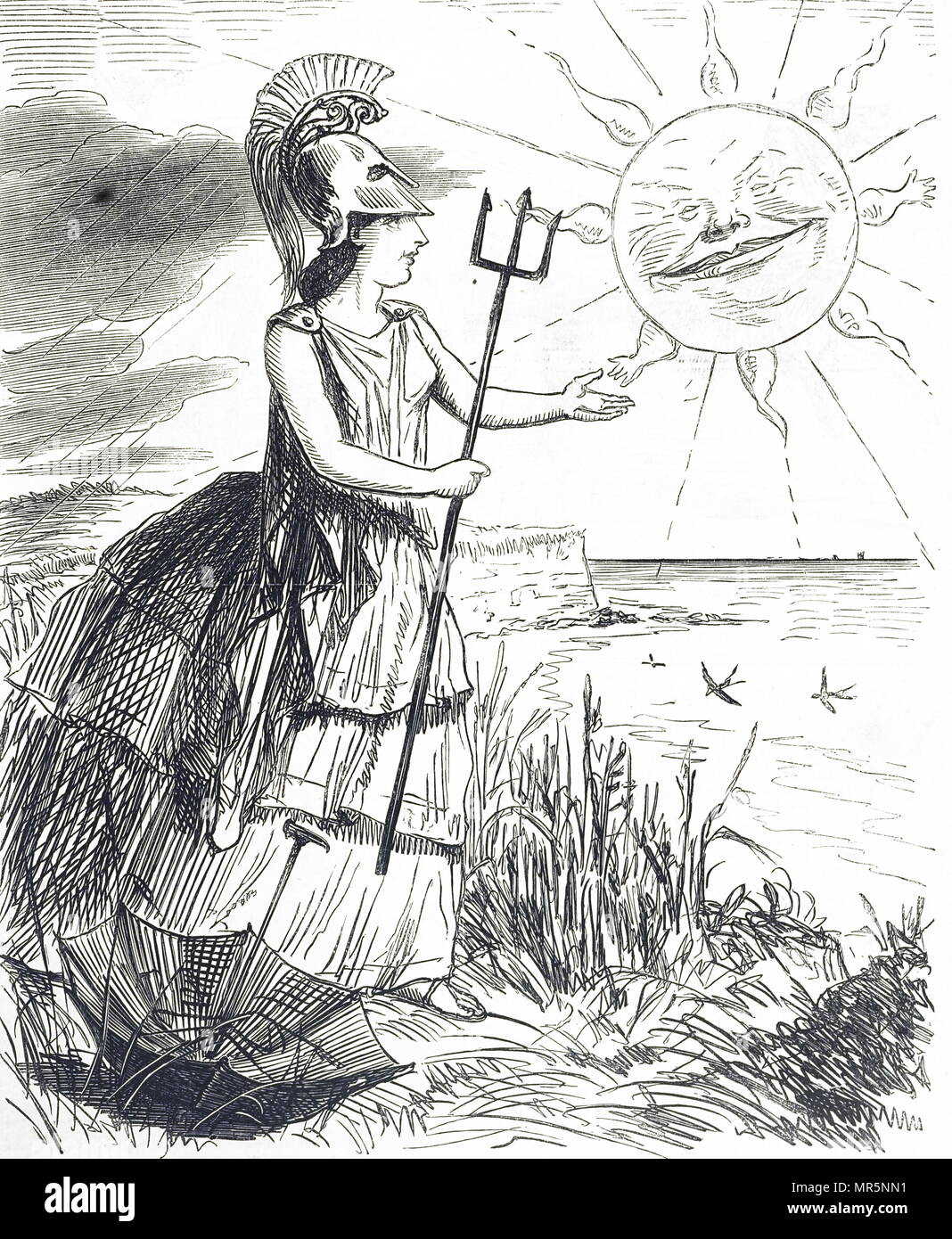 Cartoon, Britannia bei einem schlechten Sommer in Großbritannien. Vom 19. Jahrhundert Stockfoto