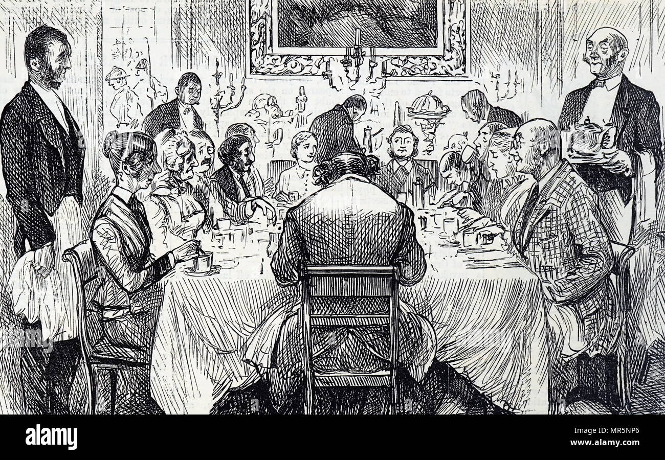 Cartoon, einem eleganten Soirée in einem viktorianischen Haus. Mit Ill. von George Du Maurier (1834-1896) eine französisch-britische Zeichner und Autor. Vom 19. Jahrhundert Stockfoto