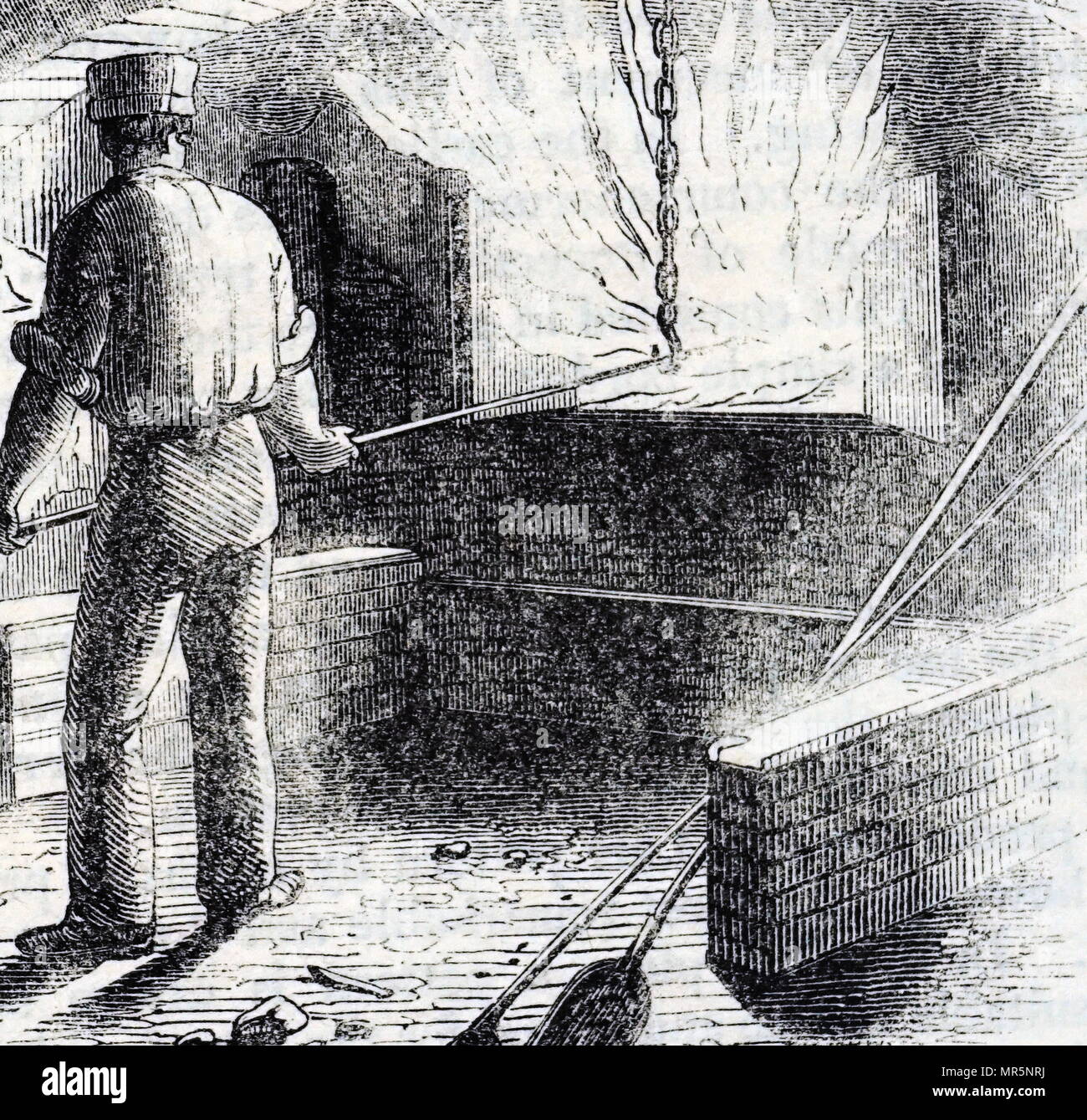 Kupferstich mit der Darstellung der Rühren von Blei in einem Ofen Rot zu produzieren - führen, einen Oxid von Blei als Pigment verwendet. Vom 19. Jahrhundert Stockfoto