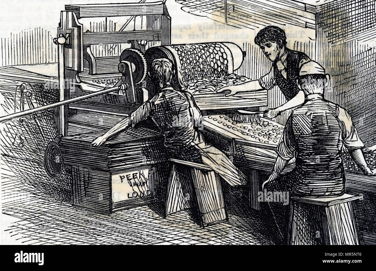 Kupferstich mit der Darstellung eines Keks Schneidemaschine der Peek Frean & Co's Keksfabrik. Vom 19. Jahrhundert Stockfoto