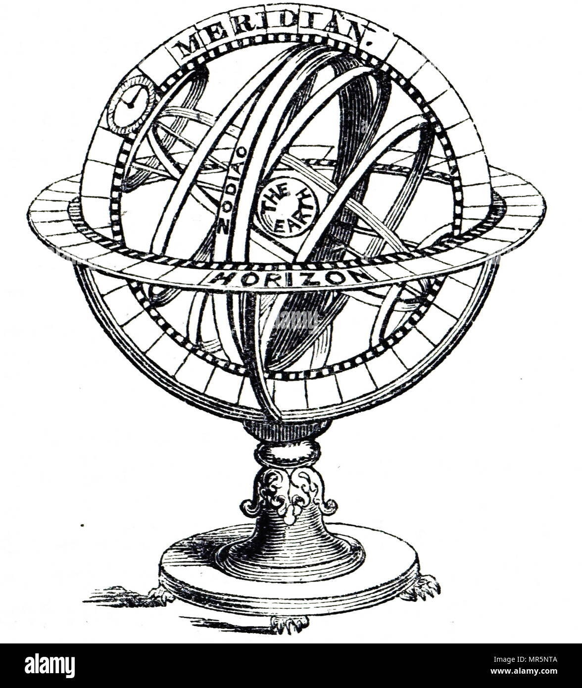 Gravur, das eine Armillarsphäre, ein Modell der Objekte im Himmel (auf die Himmelssphäre), bestehend aus einem kugelförmigen Rahmen der Ringe, auf der Erde oder Sonne zentriert, dass Linien der himmlischen Längen- und Breitengrad sowie andere astronomisch wichtige Funktionen, wie z. B. die Ekliptik dar. Vom 19. Jahrhundert Stockfoto
