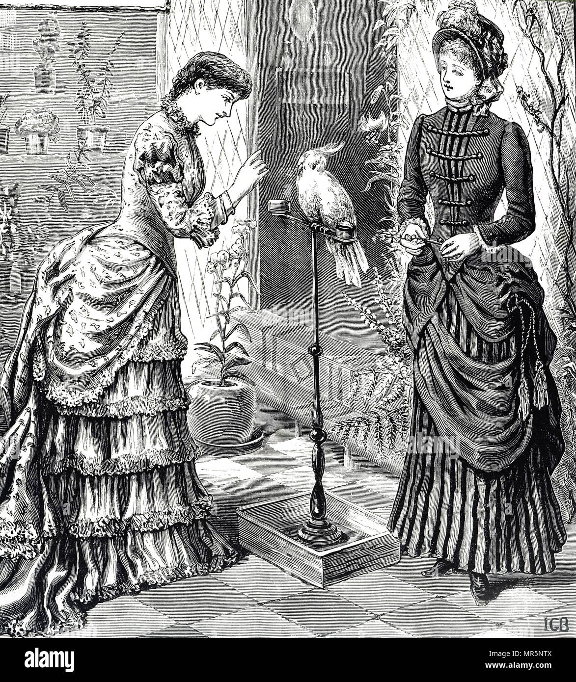Gravur mit zwei jungen Mädchen überreden ein pet Cockatoo zu sprechen. Vom 19. Jahrhundert Stockfoto