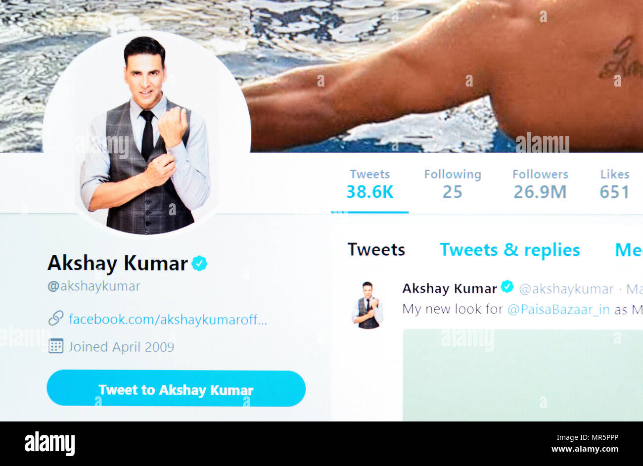 Akshay Kumar Twitter Seite (2018) Stockfoto