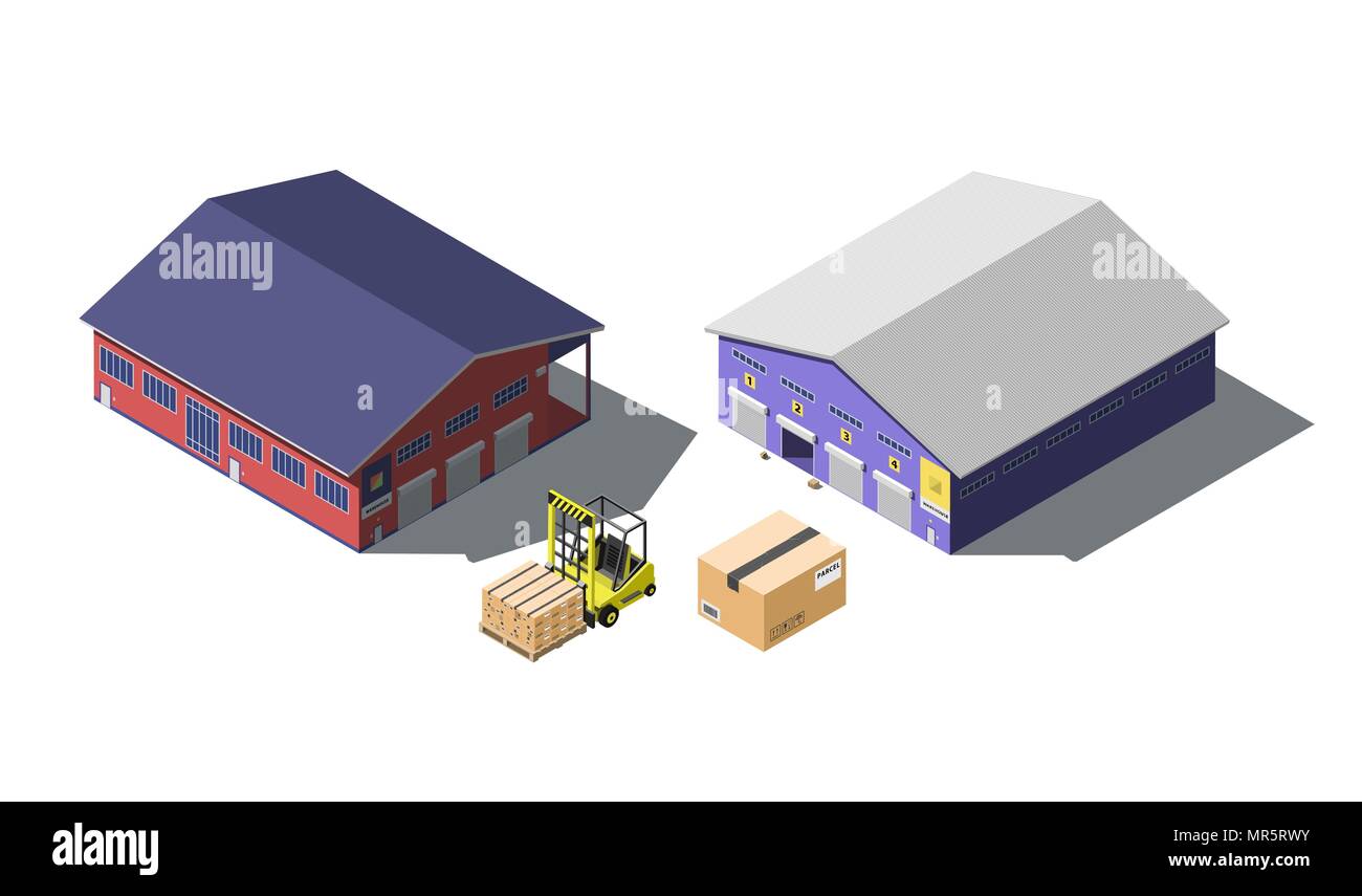 Lagerhaus isometrische mit Gabelstapler und Kartons, isoliert auf weißem Stock Vektor