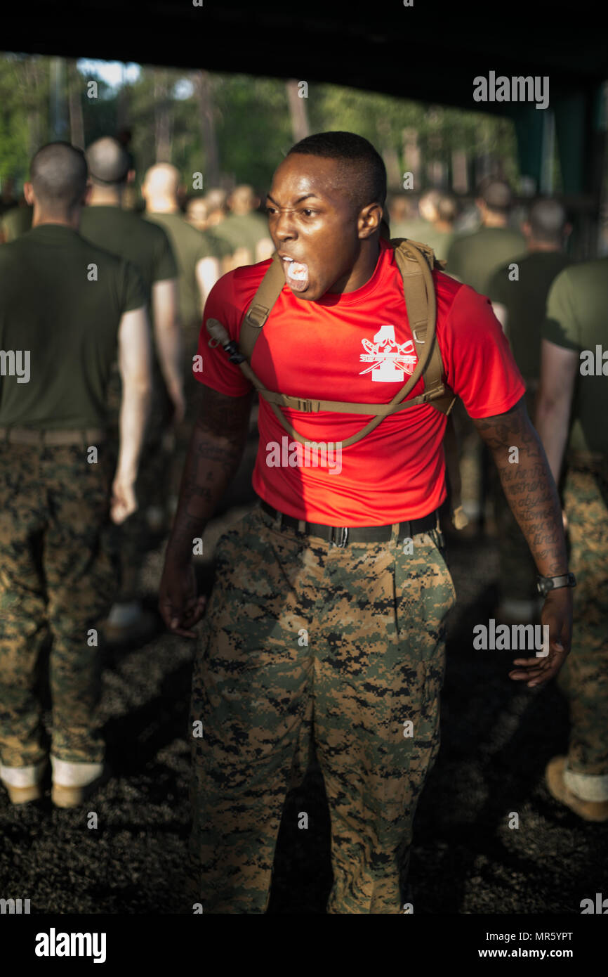 Sgt. Jerome Davis Jr., ein drill instructor mit Delta Firma, 1 Recruit Training Bataillon, motiviert Delta Neuunternehmen bevor Sie pugil sticks April 17, 2017 kämpfen, auf Parris Island, S.C. Pugil Sticks, die Gewehre vertreten mit aufgepflanztem Bajonett, werden verwendet, um eine nahe Begegnung mit einem Feind zu simulieren. Davis, 25, aus Wien, Ga. Delta Unternehmen ist zu graduieren, 30. Juni 2017 geplant. (Foto von Lance Cpl. Carlin Warren) Stockfoto