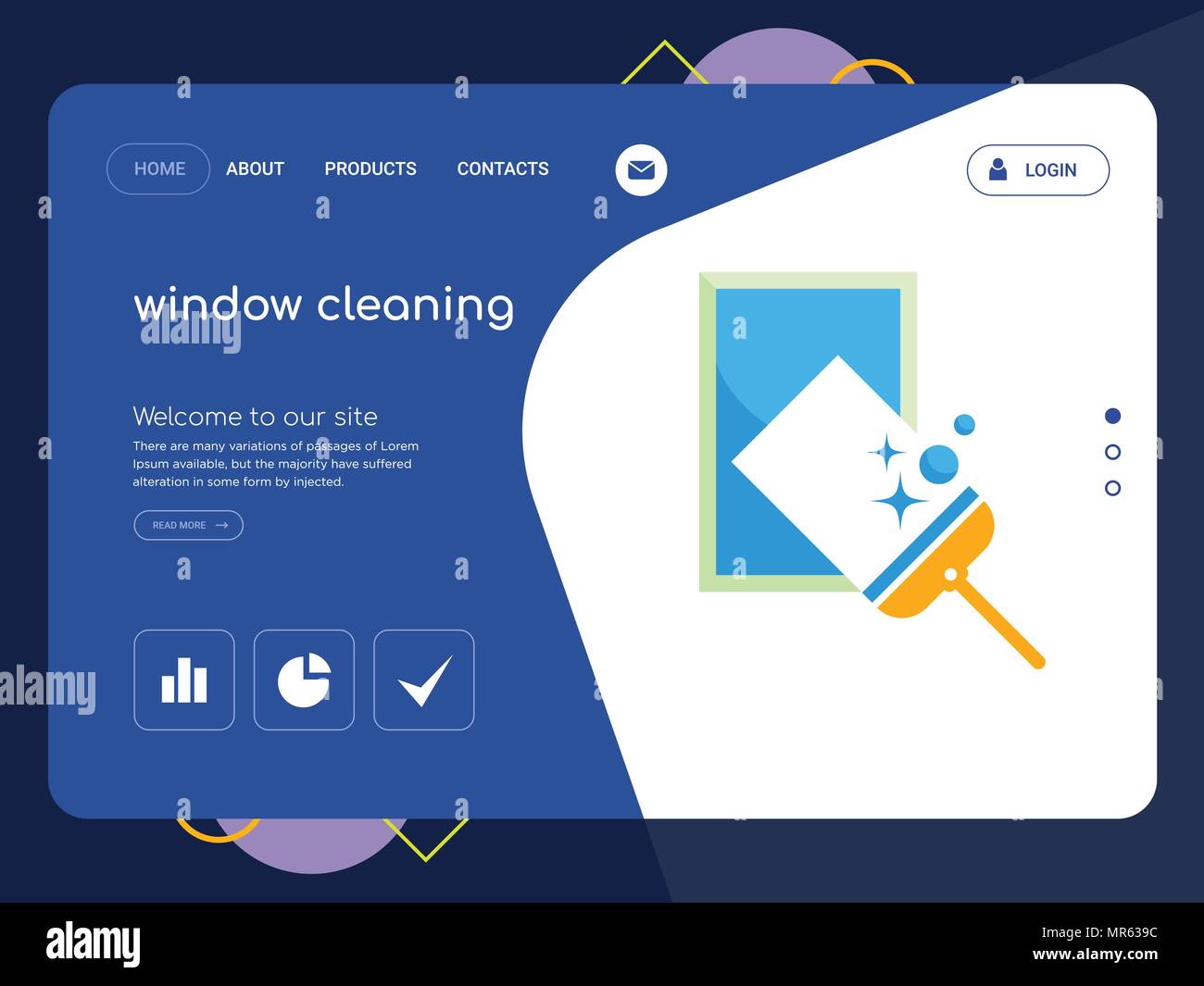 Die Qualität einer Seite Fenster Reinigung Website Template Vector EPS, moderne Web Design mit flachem UI-Elemente und Landschaft Illustration, ideal für die Landung pa Stock Vektor