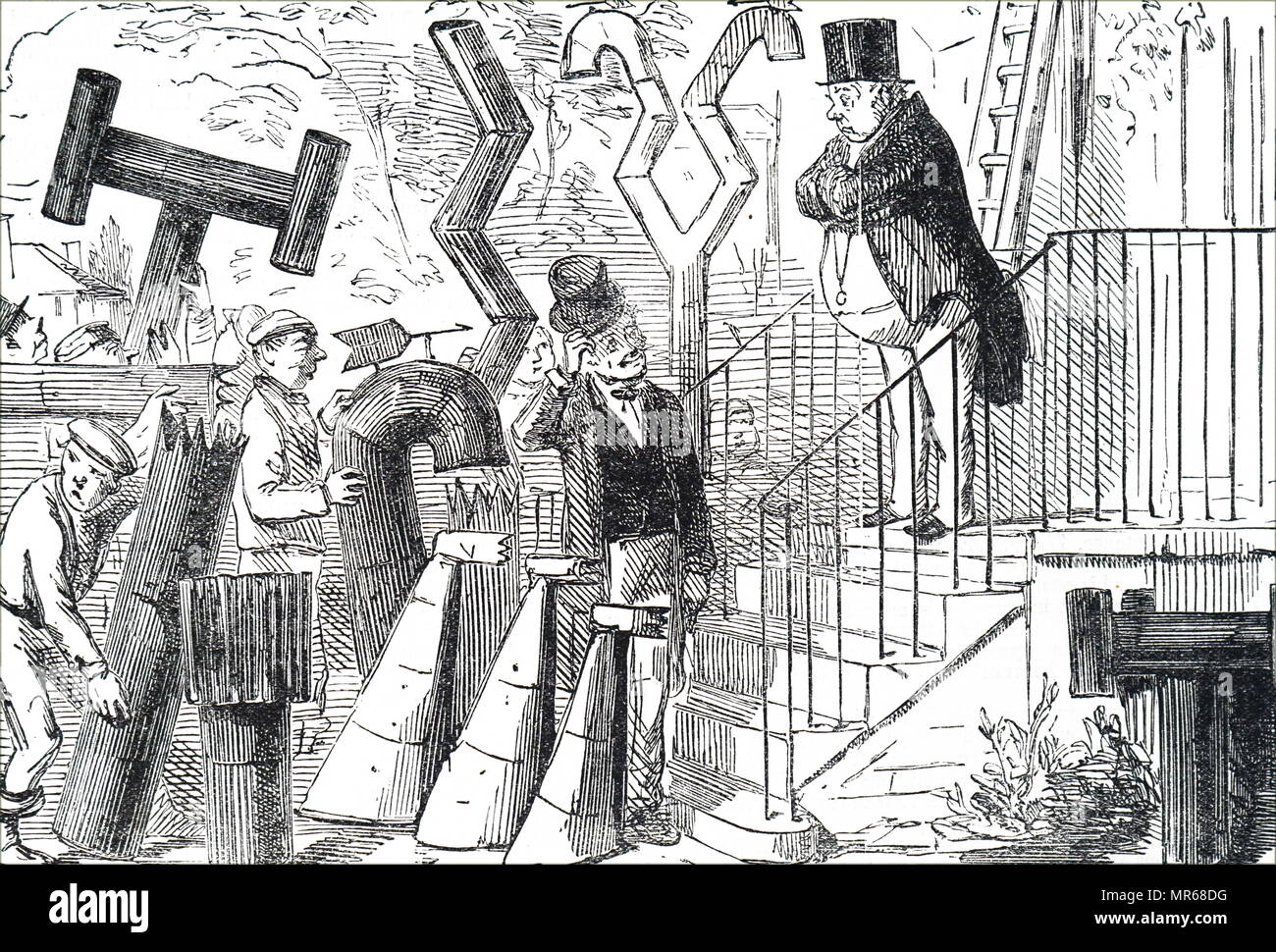 Cartoon, der viele "Lösungen" für ein Rauchen Feuer. Vom 19. Jahrhundert Stockfoto