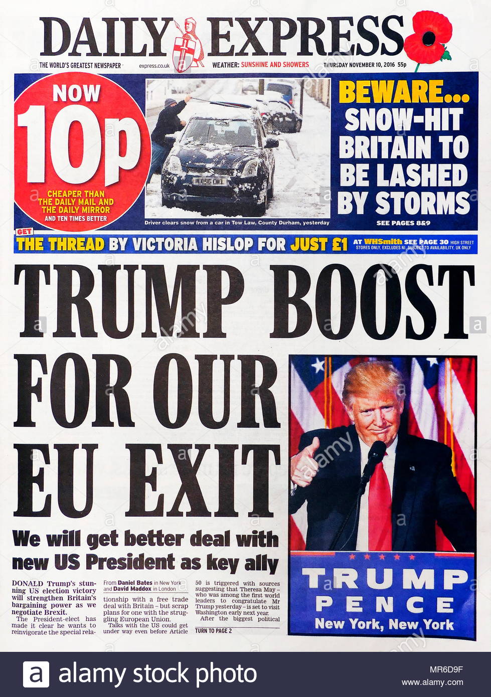 Titelseite Überschrift der britischen Zeitung Daily Express 10. November 2016. Trump Auftrieb für die EU verlassen. Stockfoto