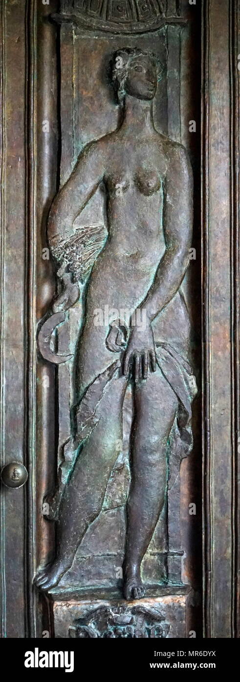 Bronze Relief auf einer ursprünglichen Tür zu der Liga der Nationen Aula, im Palais des Nations, Genf; erbaut 1929 - 38. Es war in der Liga der Nationen durch die britische Regierung. Stockfoto