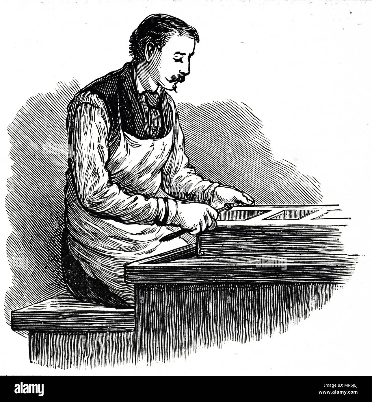 Gravur, die den Prozess des Schneidens ein Diamant, indem Sie den hervorstehenden Teil des Steins durch Reiben gegen eine zweite Diamant in einem Dop-Set. Vom 19. Jahrhundert Stockfoto