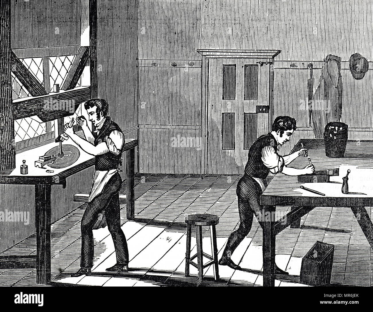 Gravur, die den Prozess des Schneidens ein Diamant, indem Sie den hervorstehenden Teil des Steins durch Reiben gegen eine zweite Diamant in einem Dop-Set. Vom 19. Jahrhundert Stockfoto