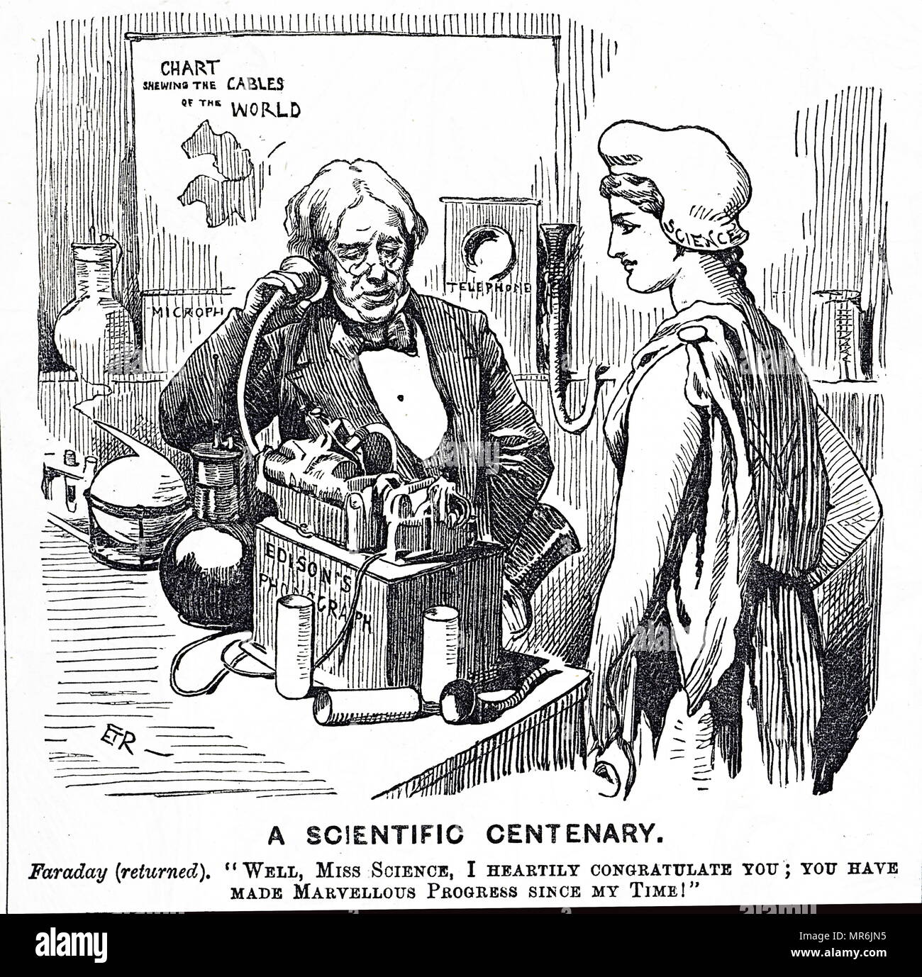Gravur Darstellung von Michael Faraday in seinem Labor an der Königlichen Institut. Michael Faraday (1791-1867) ein englischer Wissenschaftler. Vom 19. Jahrhundert Stockfoto