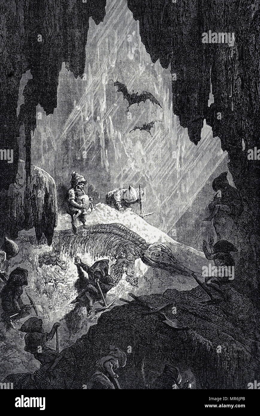Kupferstich mit der Darstellung der Zwerge der Deutschen Legende, die eine Ichthyosaurus Skelett. Vom 19. Jahrhundert Stockfoto
