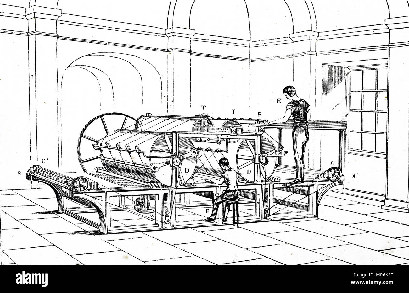 Gravur, das eine Applegarth und Cowper Druckmaschine. Diese dampfbetriebene Maschine war eine Entwicklung des Königs 1814 Prototyp und wurde 1818 patentiert. Vom 19. Jahrhundert Stockfoto