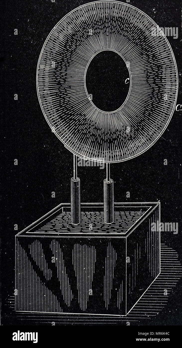 Gravur, Nikola Tesla's A.C. Experimente: Hochfrequenz leuchtenden Schale. Nikola Tesla (1856-1943) eine Serbian-American Erfinder, Elektrotechniker, Maschinenbauer, Physiker und Zukunftsforscher. Vom 20. Jahrhundert Stockfoto