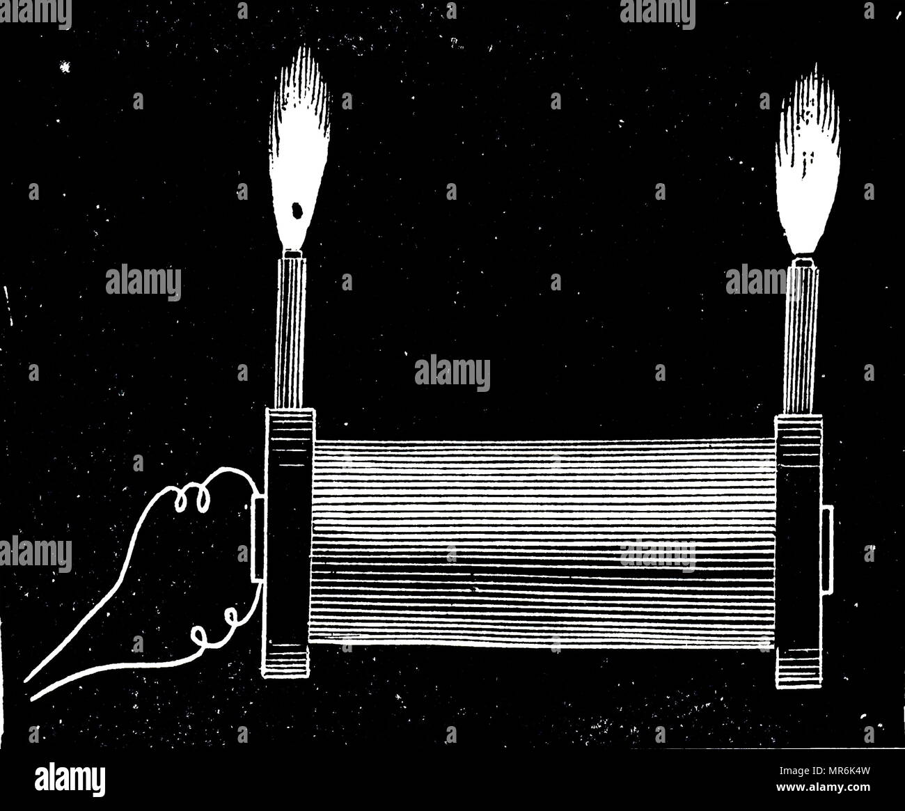 Gravur, Nikola Tesla's A.C. Experimente: Hochfrequenz Bürste aus einer Spule entladen. Nikola Tesla (1856-1943) eine Serbian-American Erfinder, Elektrotechniker, Maschinenbauer, Physiker und Zukunftsforscher. Vom 20. Jahrhundert Stockfoto