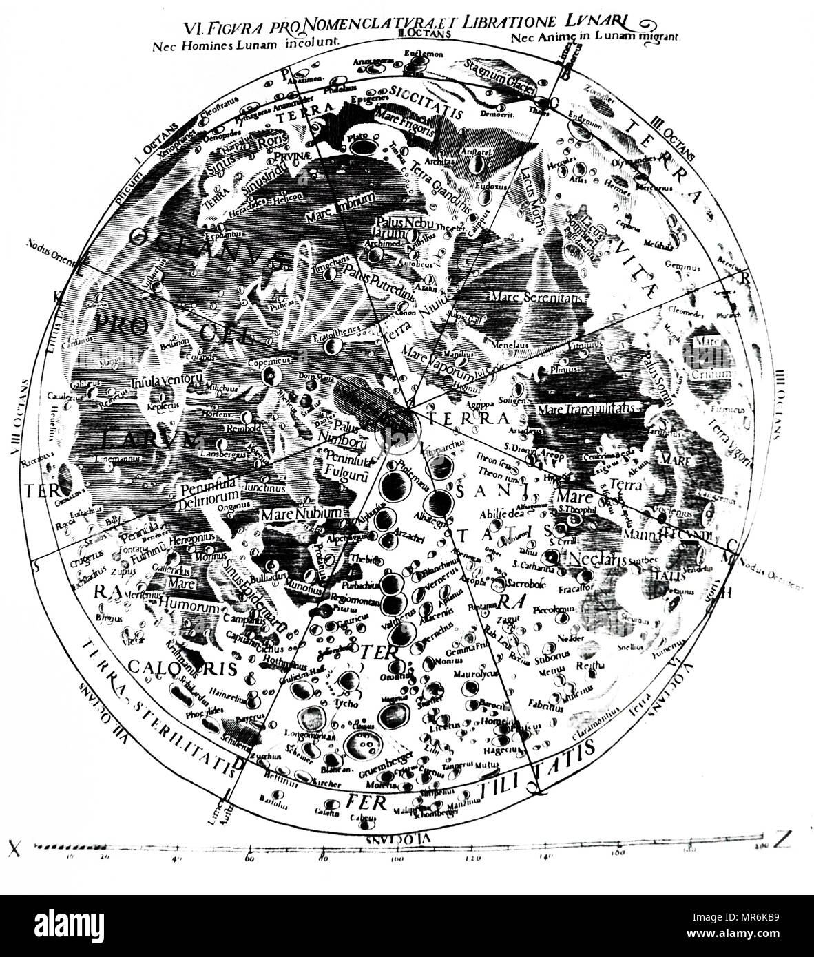 Gravur Darstellung aus dem 17. Jahrhundert Karte des Mondes auf Beobachtungen von Giovanni Battista Riccioli. Giovanni Battista Riccioli (1598-1671) ein Italienischer Astronom und katholischer Priester in der Jesuitenorden. Vom 17. Jahrhundert Stockfoto