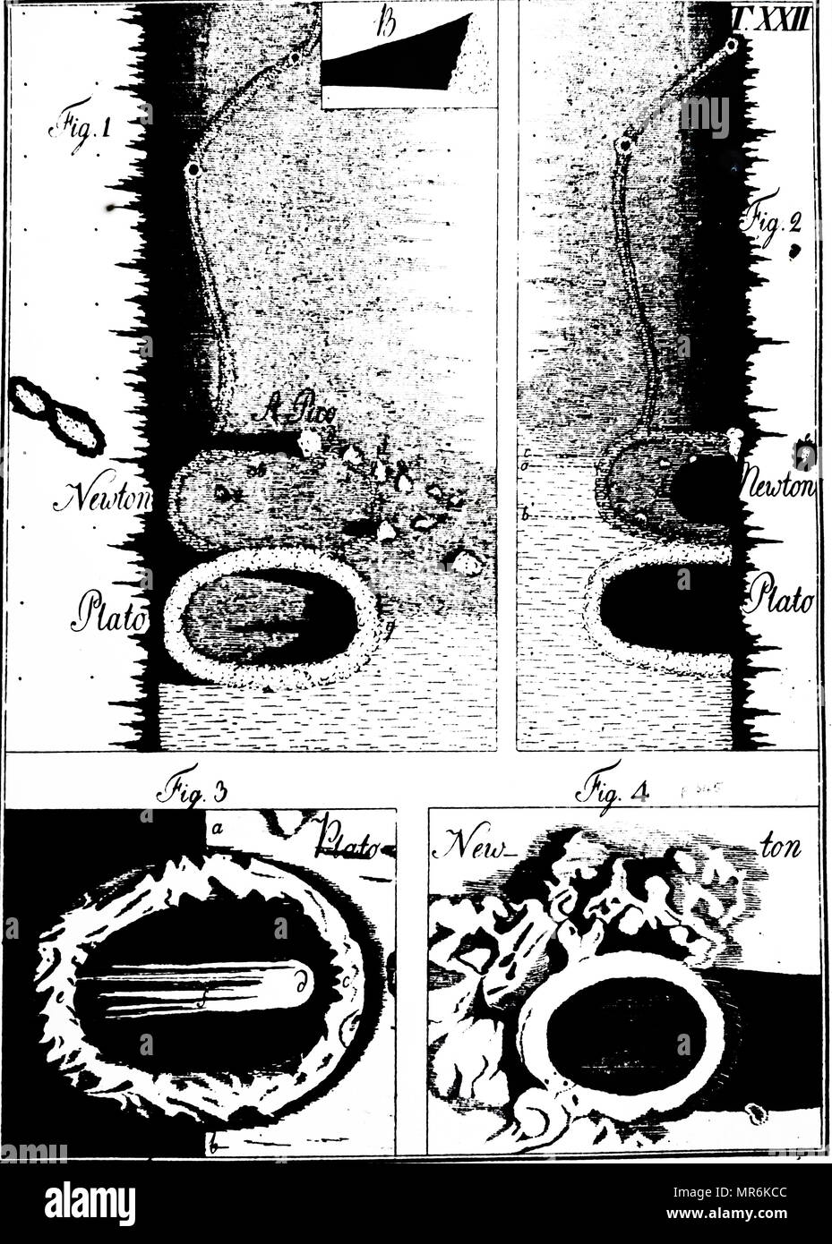 Kupferstich mit der Darstellung eines Abschnitts des Mondes in der Region des Mare Imbrium mit Details Krater Newton und Platon unter verschiedenen Lichtverhältnissen. Vom 18. Jahrhundert Stockfoto