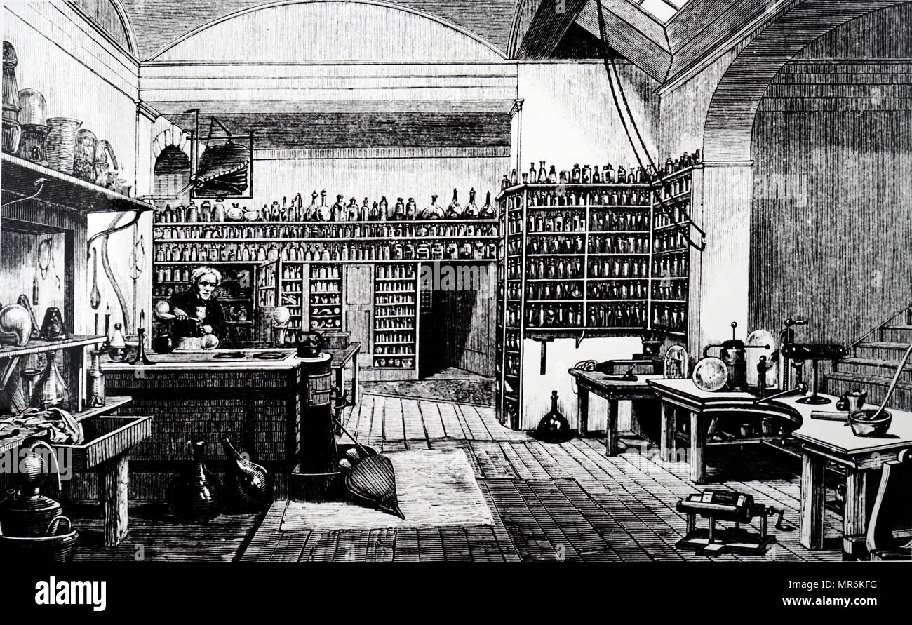 Gravur Darstellung von Michael Faraday in seinem Labor an der Königlichen Institut. Michael Faraday (1791-1867) ein englischer Wissenschaftler. Vom 19. Jahrhundert Stockfoto