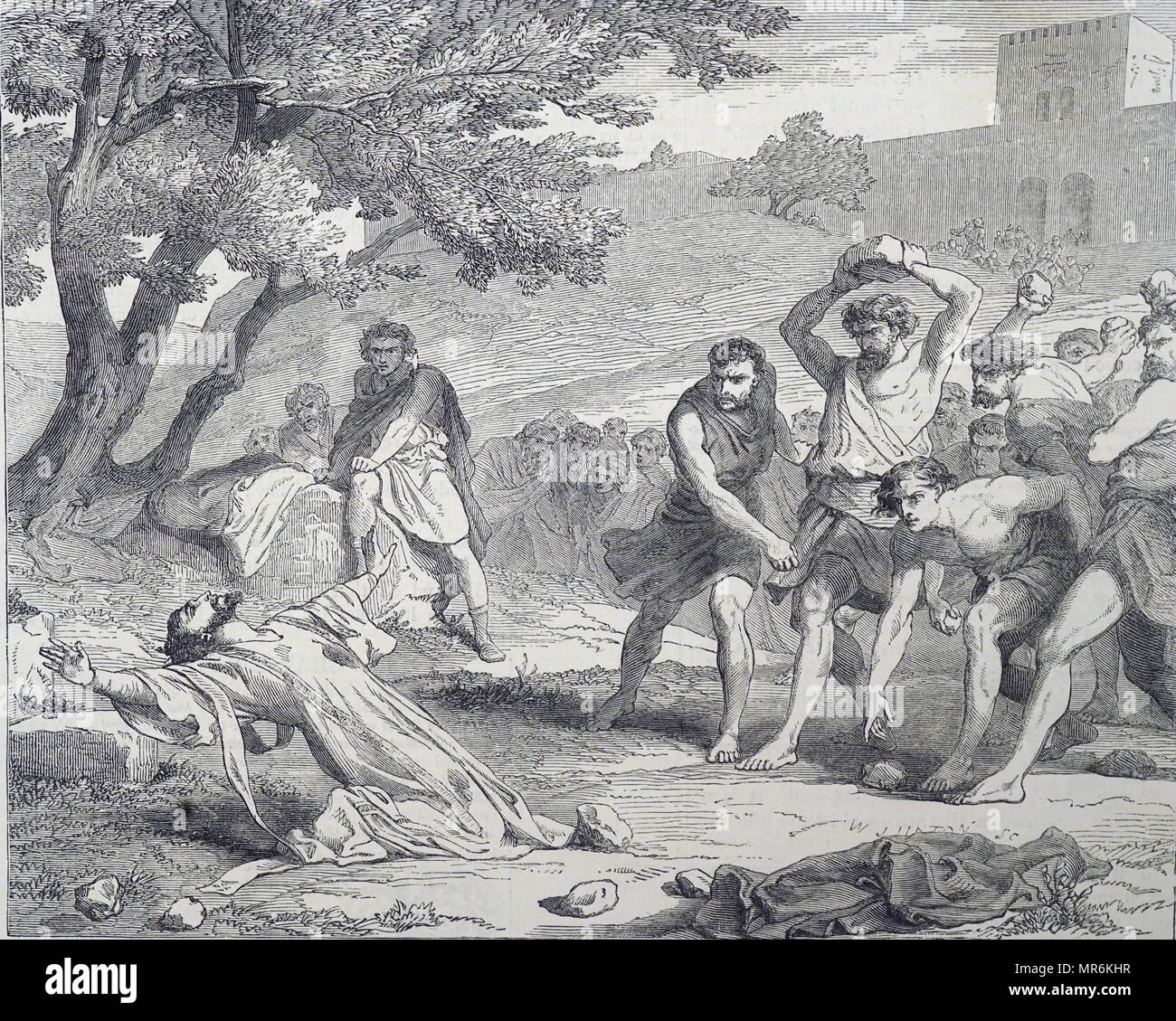 Gravur, die das Martyrium des hl. Stephanus (5 AD 34 AD), des ersten Märtyrers der Christenheit. Vom 19. Jahrhundert Stockfoto