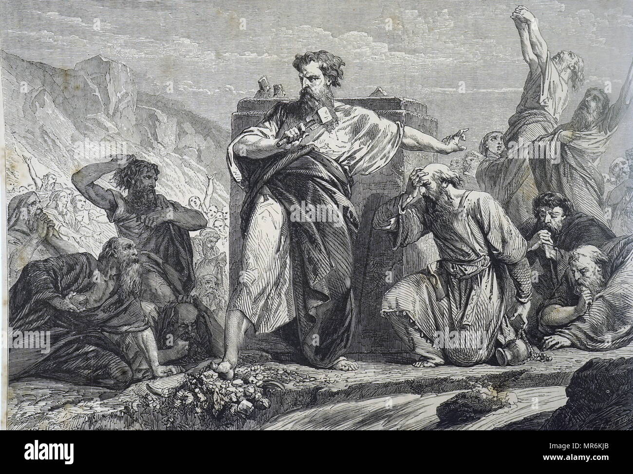 Gravur, Mose, der zur Zerstörung des goldenen Kalbes. Nach 40 Tagen kam er vom Berg hinab, die Tafeln mit den Zehn Geboten bezeichnet und festgestellt, dass die Israeliten das Goldene Kalb anbeteten. Vom 19. Jahrhundert Stockfoto