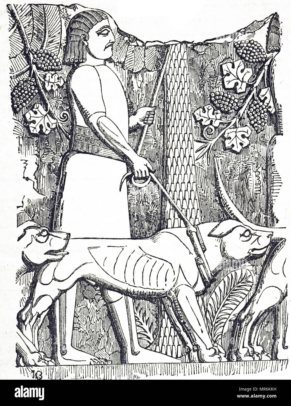 Kupferstich mit der Darstellung eines Jäger und Hunde. Gravur Details aus einer Platte an Kouyunjik während der 1840er Jahre ausgegraben. Vom 19. Jahrhundert Stockfoto