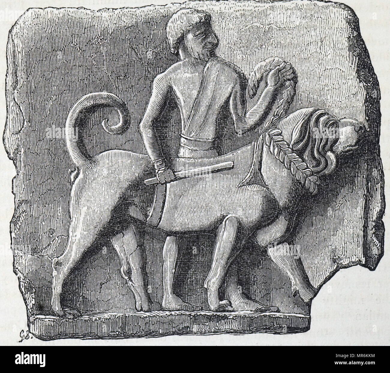 Gravur einer Terrakotta Tablet in Babylon zeigen einen großen Hund und es ist Attendant ausgegraben. Vom 19. Jahrhundert Stockfoto