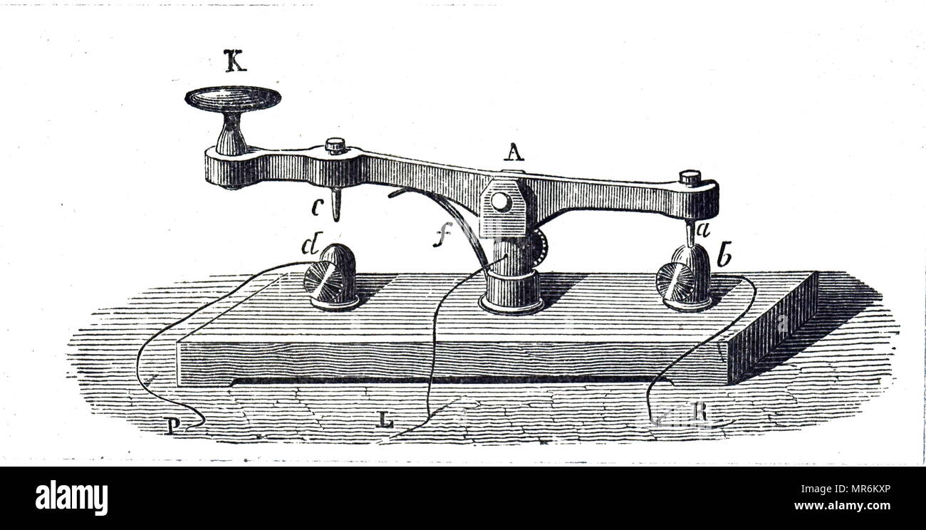 Kupferstich mit der Darstellung eines Morse telegraph übertragen. Einfache messing Hebel an einem Scharnier ein, mit einer Feder an F, einen Hebel zu heben, wenn der Fahrer eine Taste K, Ansprechpartner/in, aktuelle bei C, D. P, verdrahtet auf Akku, L, line wire, R, Indikator/Relais verdrahtet montiert. Vom 19. Jahrhundert Stockfoto