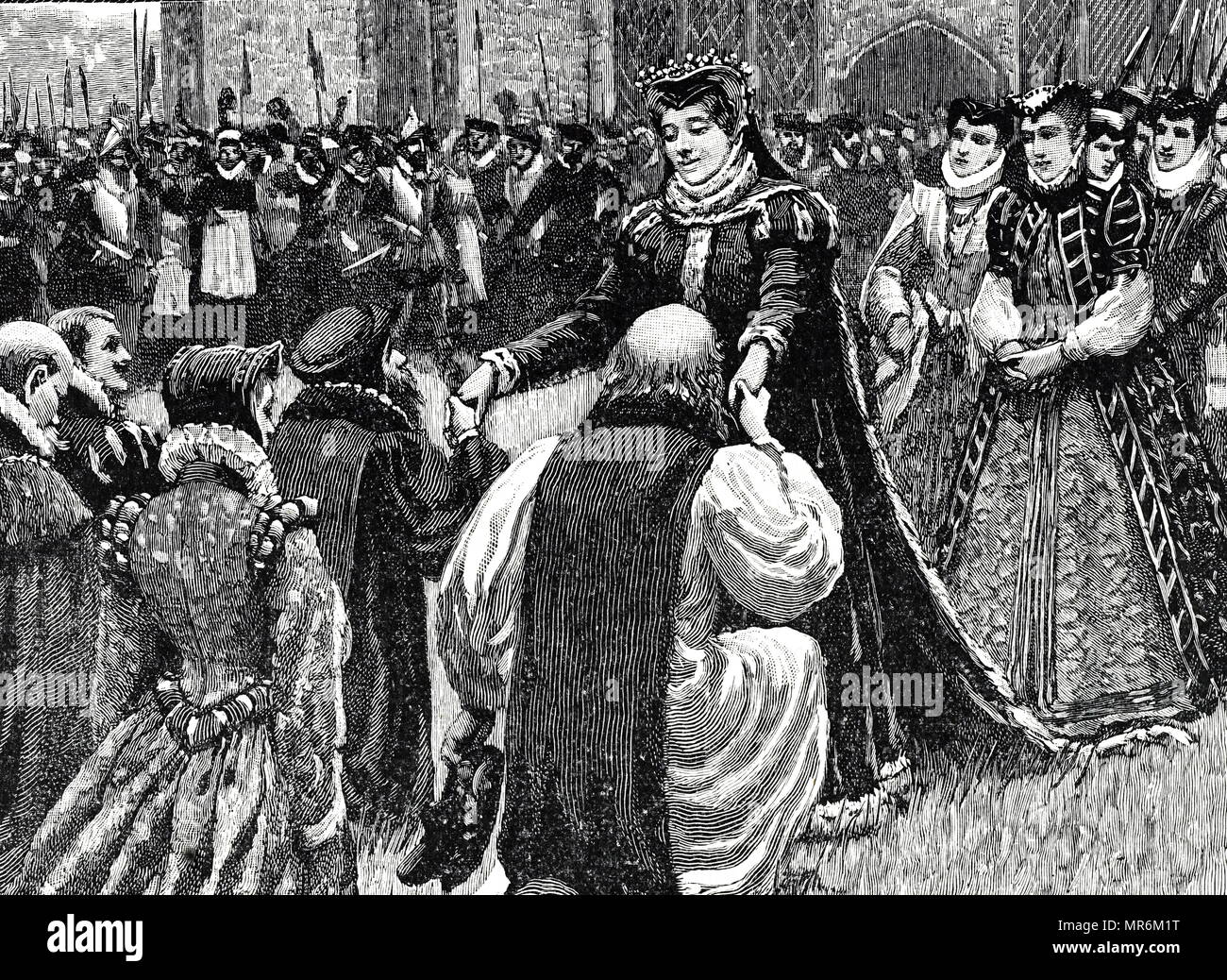 Gravur, Queen Mary I (1516-1558) bei ihrer Ankunft in London im Jahre 1553 ihren Thron zu behaupten, auf Turm Grün von Staaten gefangenen begrüßt inhaftiert im Turm unter König Heinrich VIII. und König Edward VI. Jedes umarmte sie und gab ihnen ihre Freiheit. Vom 19. Jahrhundert Stockfoto