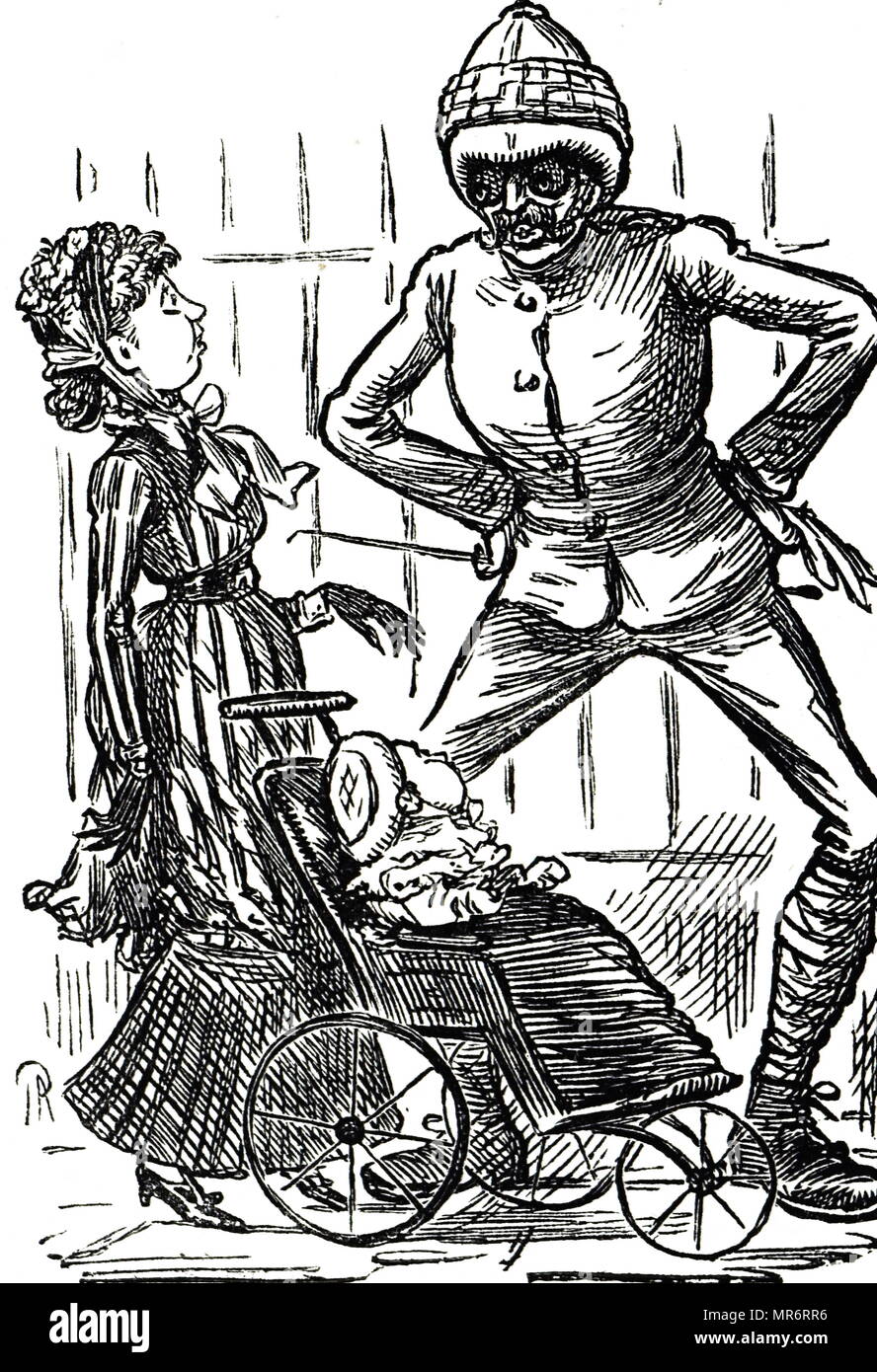 Cartoon kommentierte die grotesken Effekt einer Tonhöhe Helm, Schutzbrille und puttees. Vom 19. Jahrhundert Stockfoto