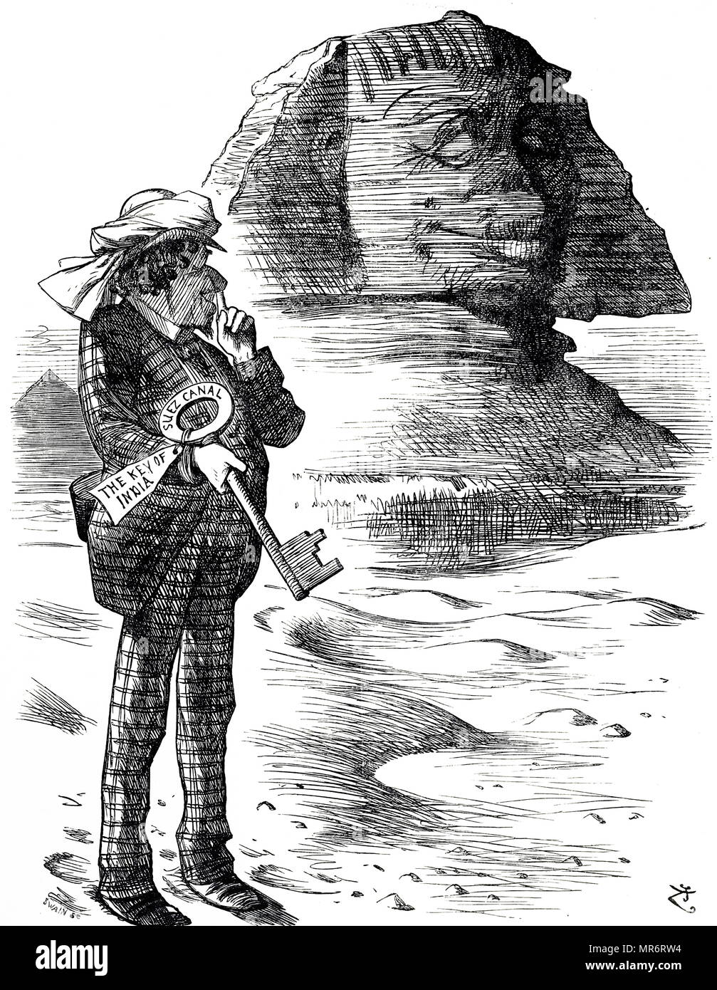 Cartoon, Premierminister Benjamin Disraeli den Suezkanal als Schlüssel zur britischen Besitz und Einfluss in Indien halten. John Tenniel (1820-1914) ein englischer Illustrator Grafik Humorist und politischen Karikaturisten. Vom 19. Jahrhundert Stockfoto