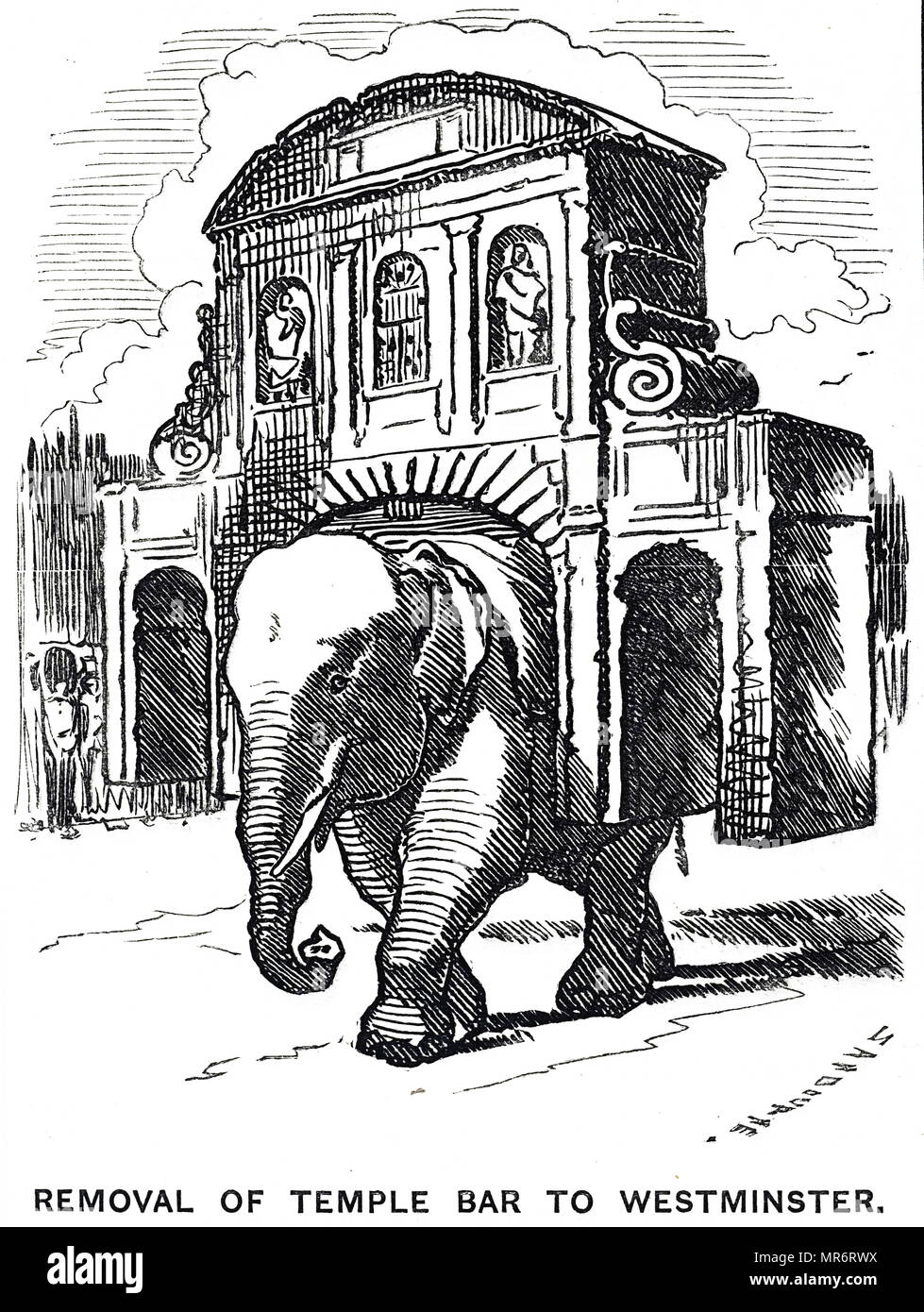 Cartoon kommentierte den Ausbau von Temple Bar nach Westminster. Vom 19. Jahrhundert Stockfoto