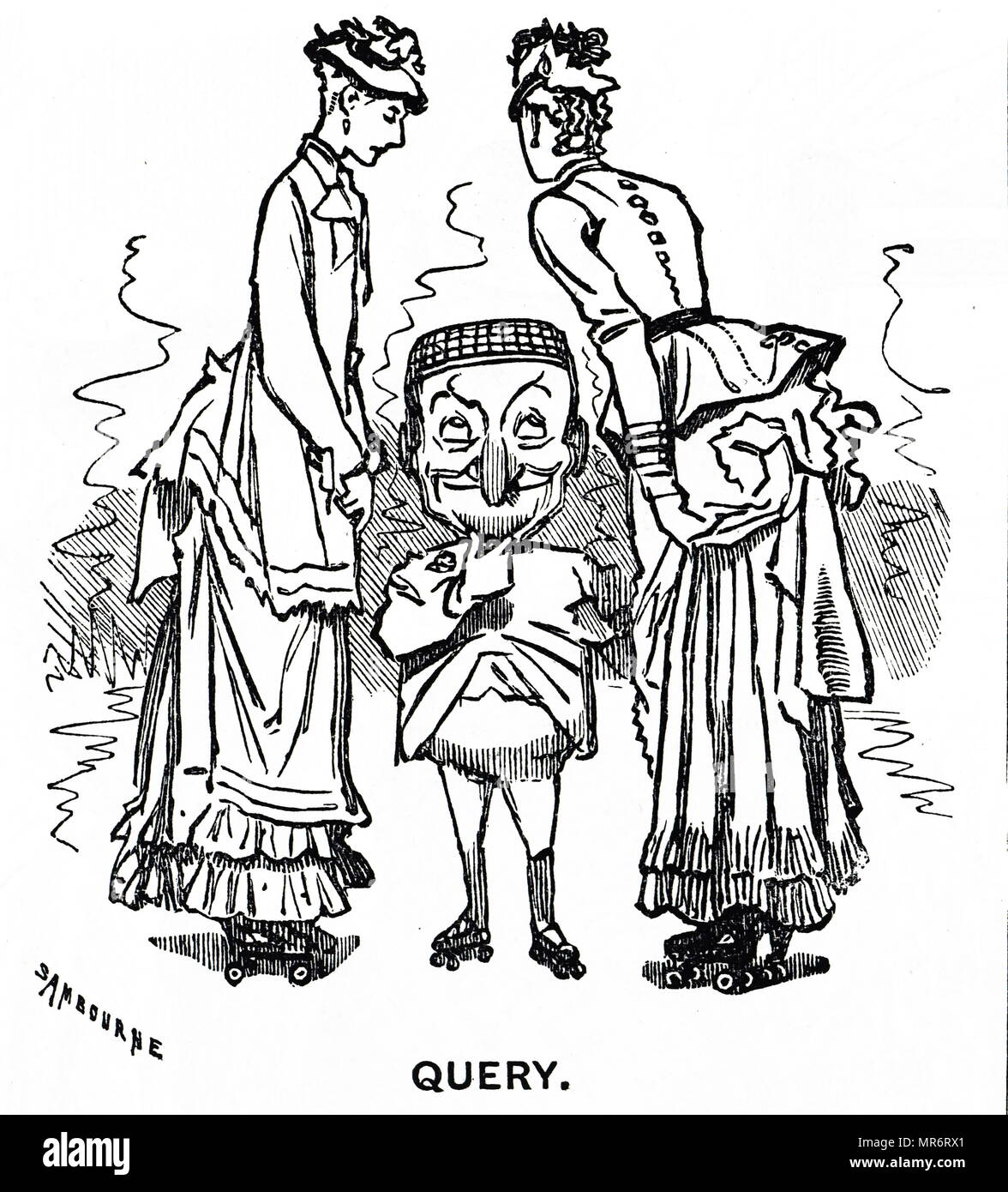 Cartoon, der die Zeichen "Punch" Skaten neben zwei Damen. Vom 19. Jahrhundert Stockfoto