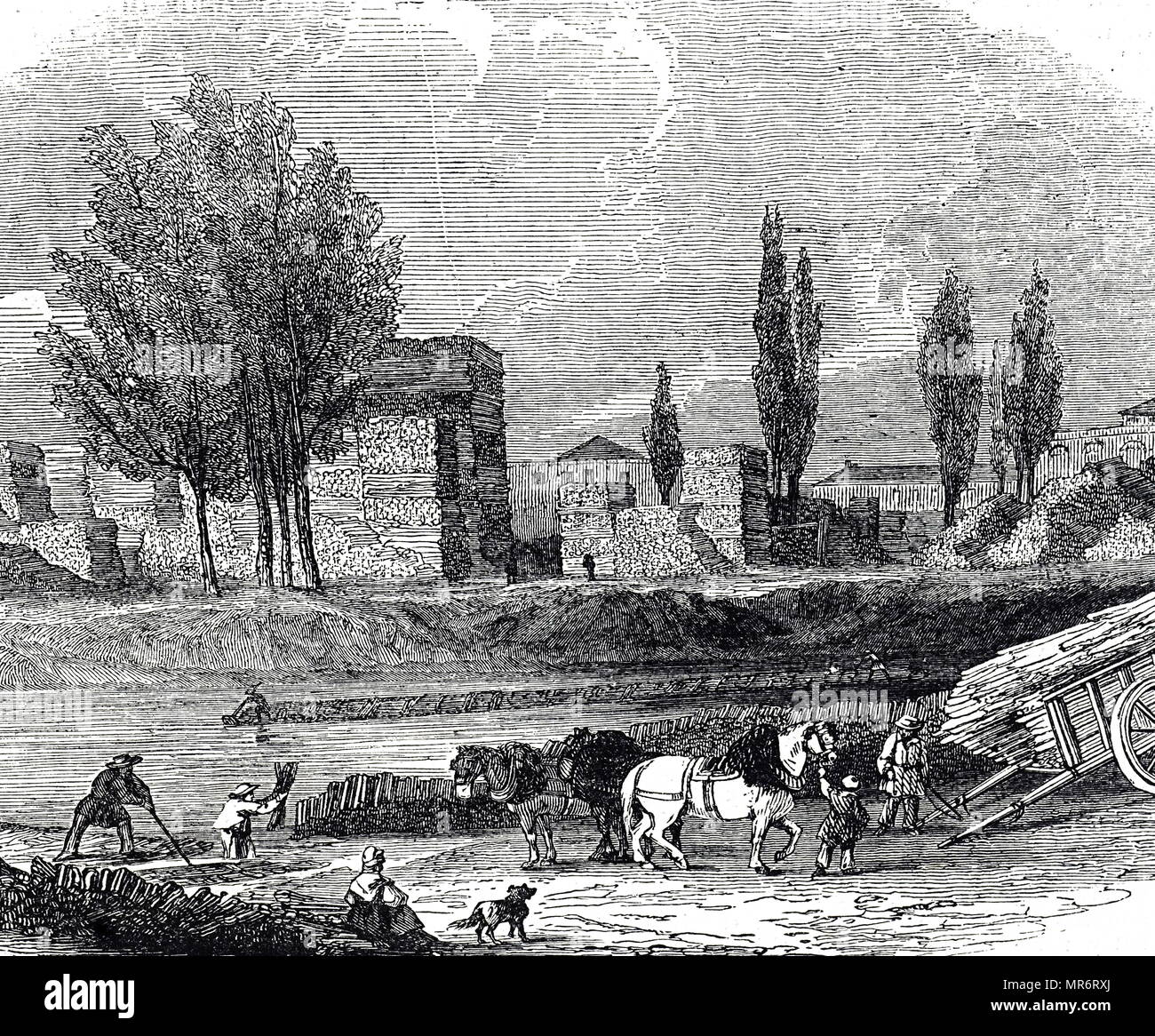 Kupferstich mit der Darstellung eines Brennholz Depot auf der Seine. Vom 19. Jahrhundert Stockfoto