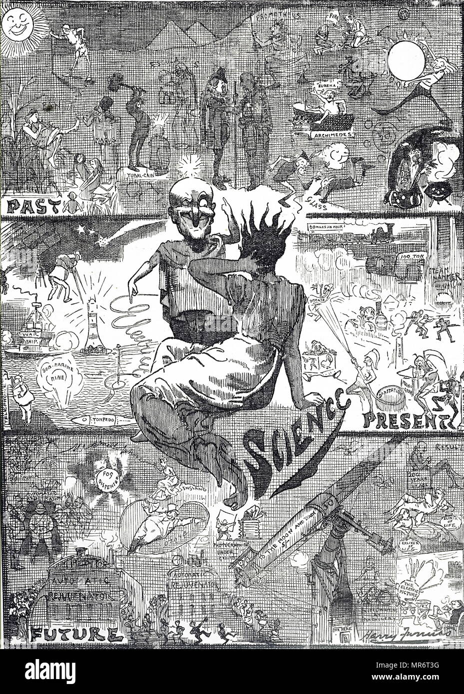 Cartoon mit der Darstellung der Vergangenheit, Gegenwart und Zukunft der Wissenschaft. Illustriert von Harry Furniss (1854-1925) irischer Künstler und Illustrator. Vom 19. Jahrhundert Stockfoto