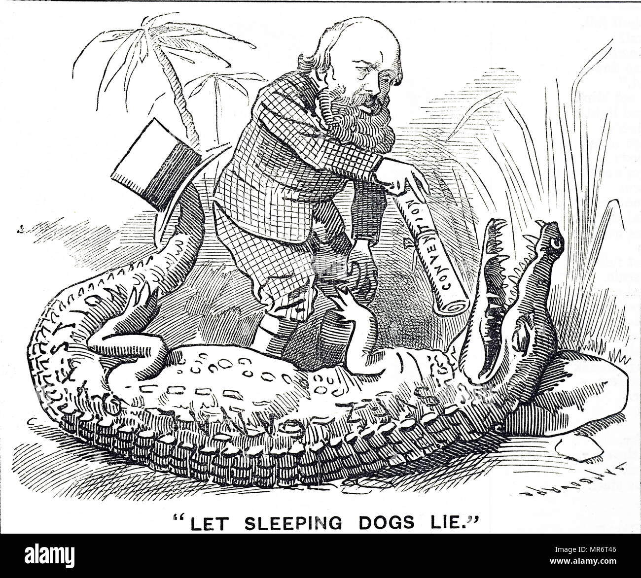 Cartoon mit dem Titel "Let Sleeping Dogs Lie". Der Punch Beratung an Premierminister Lord Salisbury auf den Suezkanal. Jedoch auf dem Pariser Übereinkommen unterzeichnet wurde ein Abkommen zwischen Großbritannien und Frankreich den Kanal zu neutralisieren und platzieren Sie ihn unter eine gemeinsame Kommission. Vom 19. Jahrhundert Stockfoto