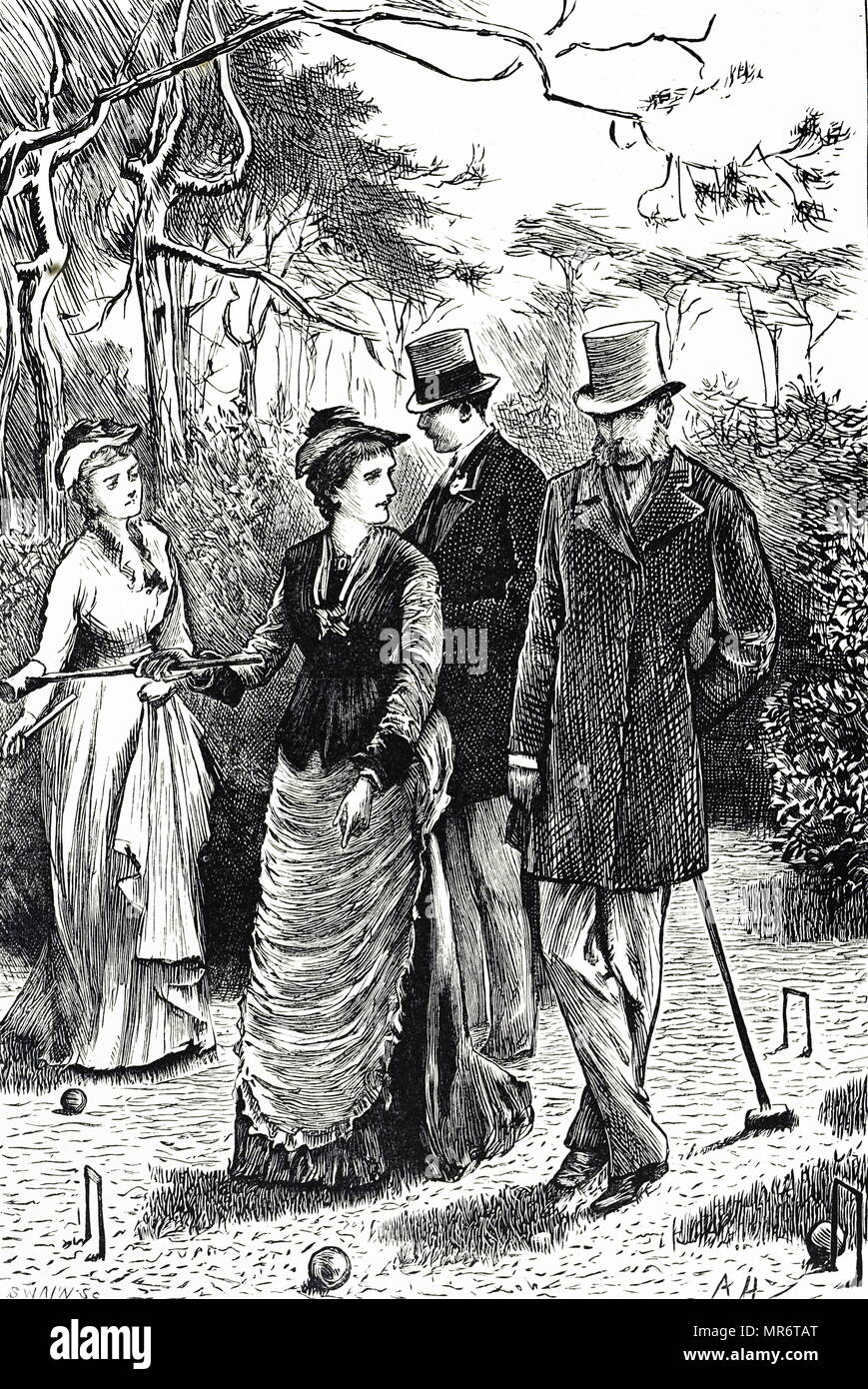 Gravur Darstellung einer Partie Krocket. Mit Ill. von Arthur Hopkins (1848-1930), englischer Künstler. Vom 19. Jahrhundert Stockfoto