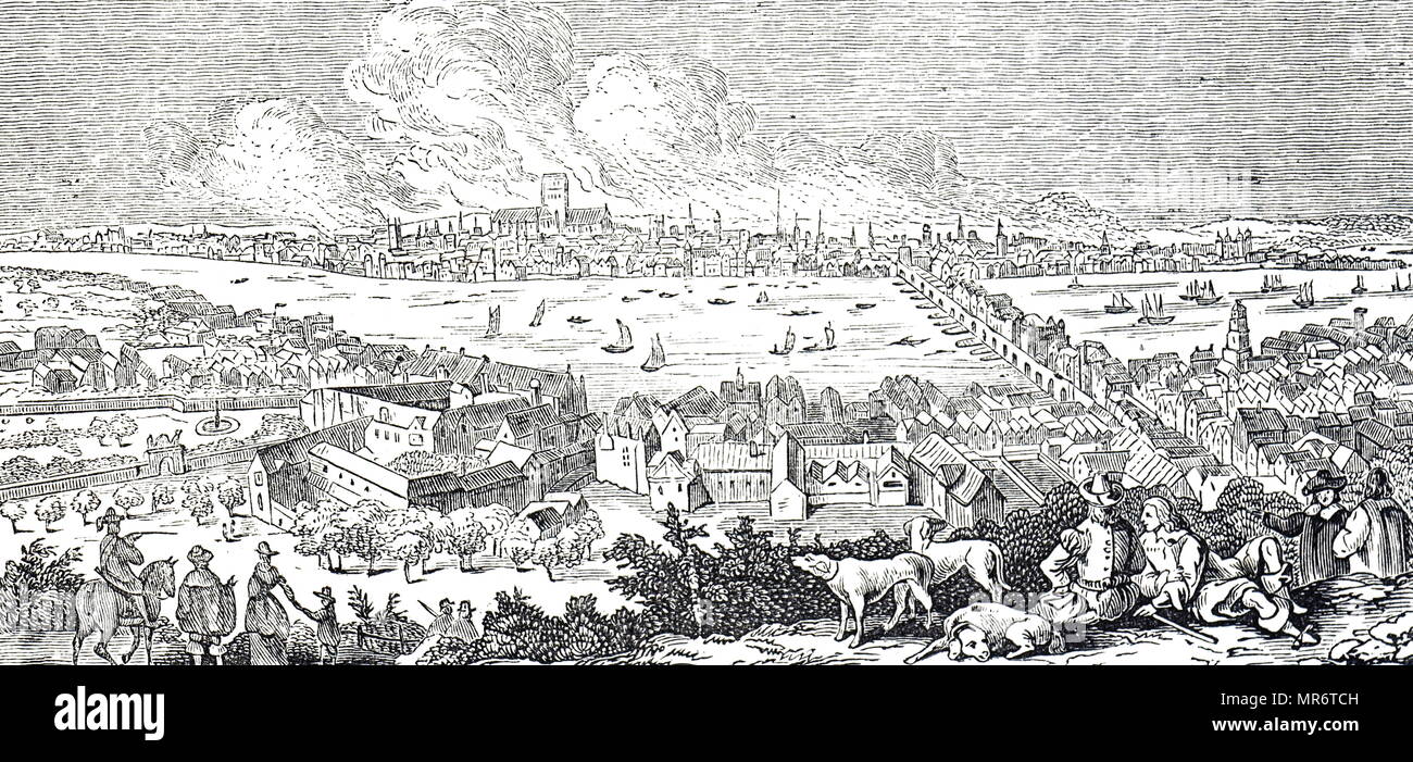 Gravur mit einer Ansicht von London bei dem großen Brand von 1666. Vom 17. Jahrhundert Stockfoto