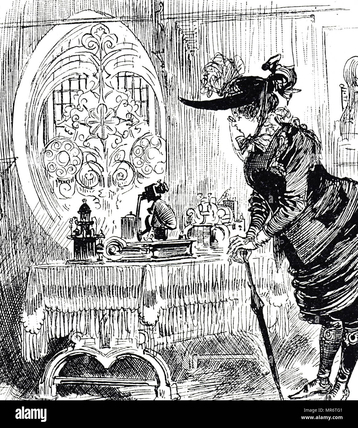 Gravur, ein Besucher von einem Plattenspieler in der Halle Tabelle abgefragt werden, bevor von der Person erhalten Sie besucht. Vom 19. Jahrhundert Stockfoto