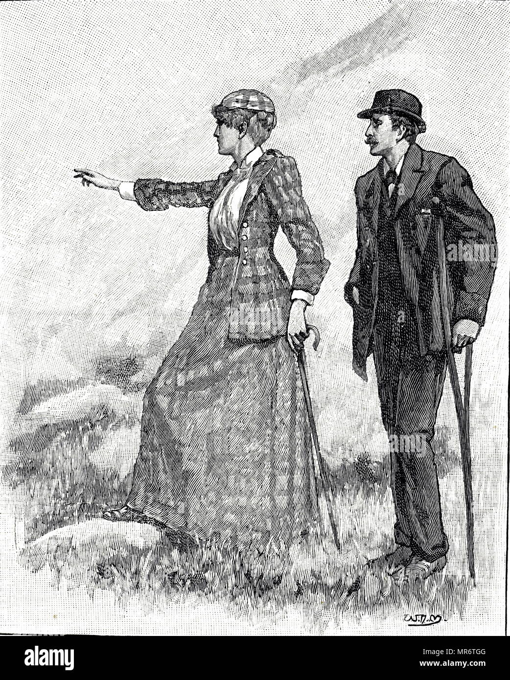 Gravur mit ein Paar durch die Landschaft spazieren zu gehen. Der Mann ist mit einer Krücke, um ihm zu helfen. Vom 19. Jahrhundert Stockfoto