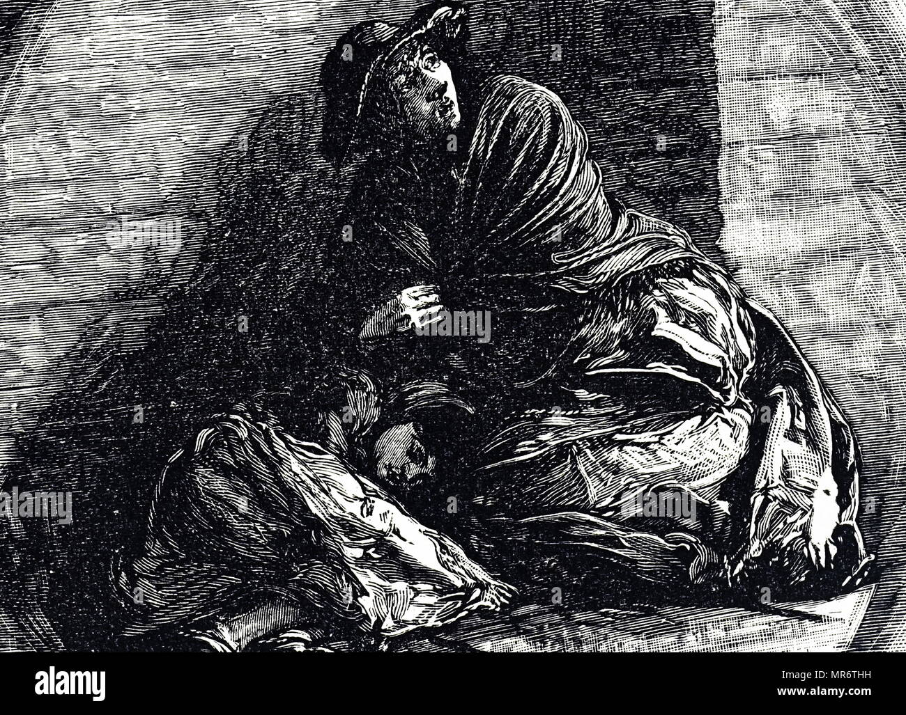 Gravur mit Obdachlosen Londonern Schlafen unter einem Bahnhof arch. Vom 19. Jahrhundert Stockfoto
