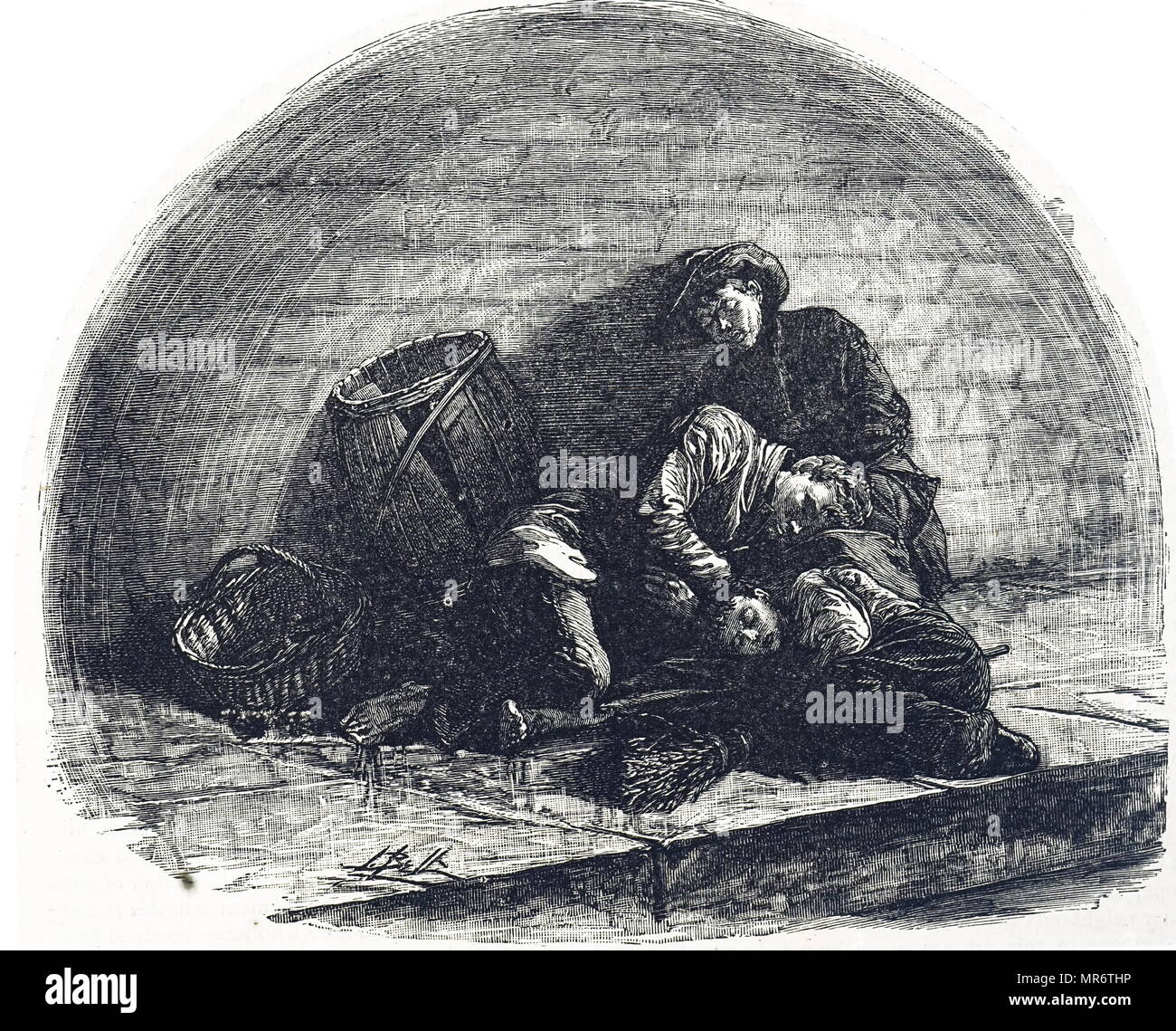 Gravur mit Obdachlosen Londonern Schlafen unter einem Bahnhof arch. Vom 19. Jahrhundert Stockfoto