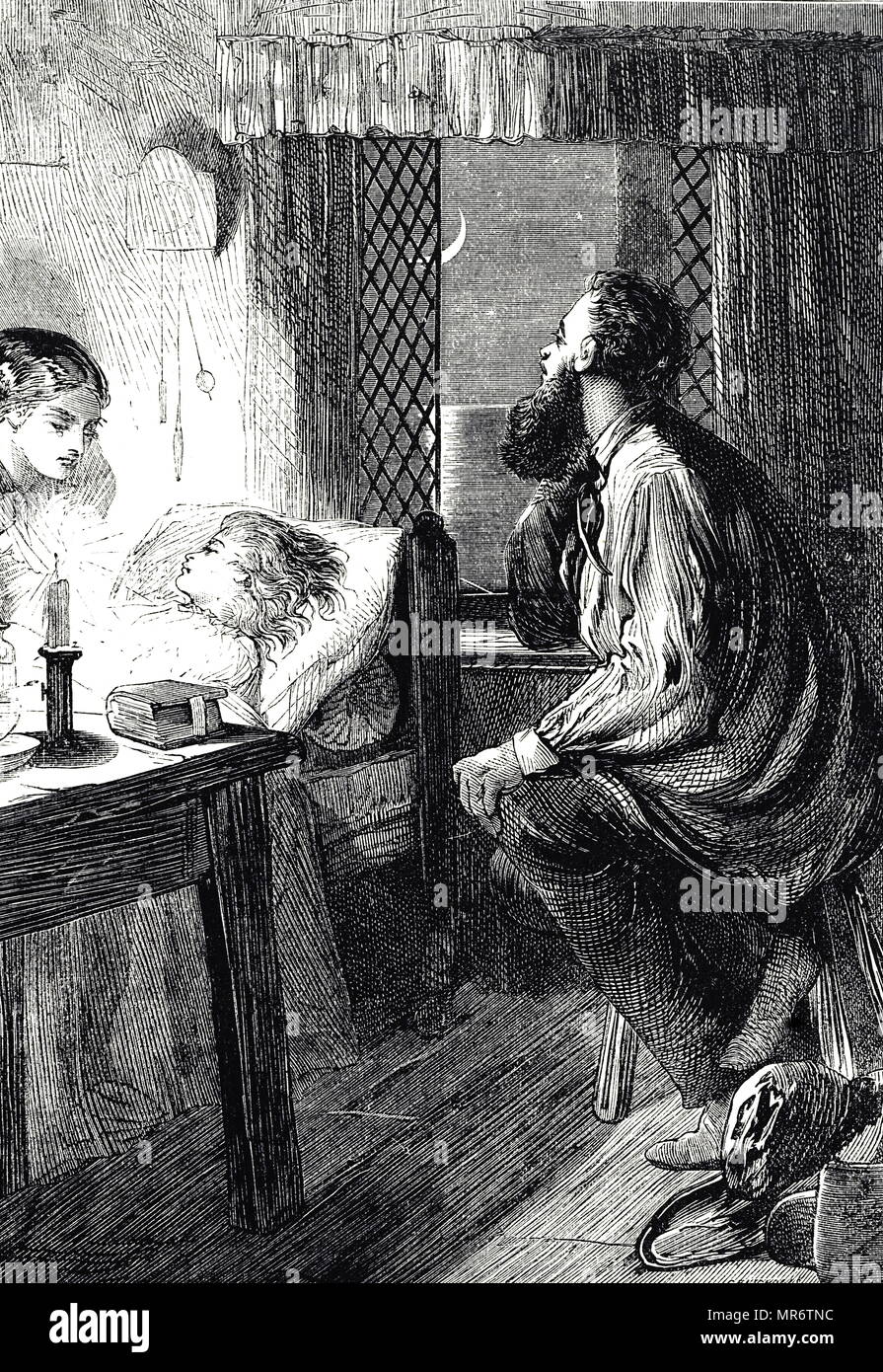 Gravur, die Eltern sitzen neben dem Bett ihres kranken Kindes. Illustrierte Charles Joseph Staniland (1838-1916) Ein britischer Künstler. Vom 19. Jahrhundert Stockfoto