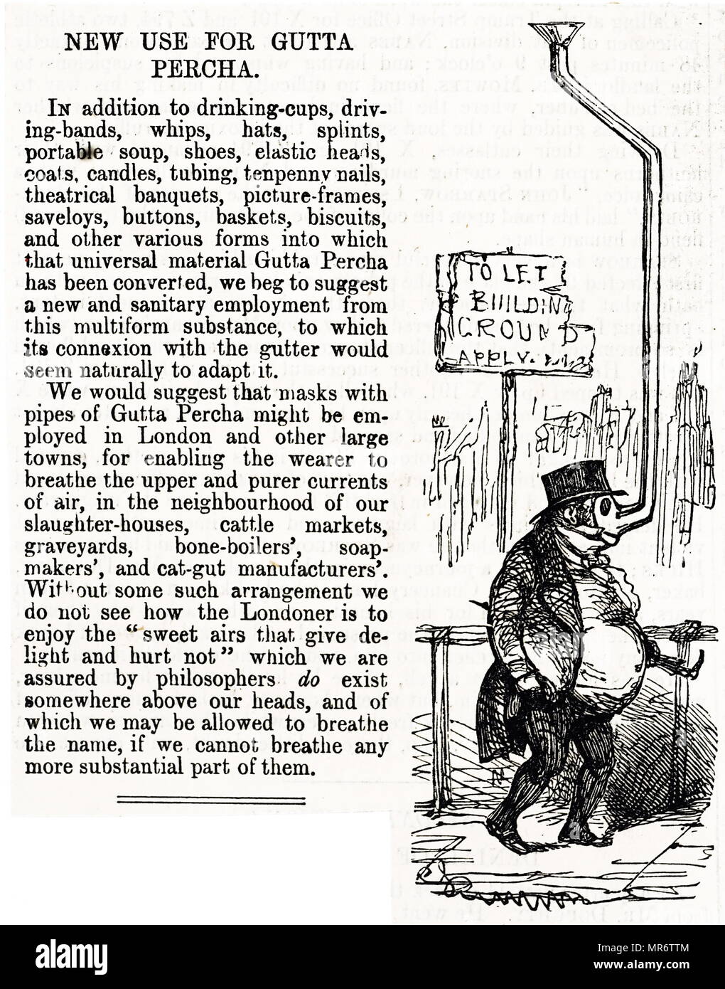 Artikel, die auf eine neue Verwendung für Gutta Percha (Gummi) auf der Annahme, dass die Luft über dem Kopf weniger verschmutzt war als die in der Nähe der Bürgersteig und Dachrinnen. Vom 19. Jahrhundert Stockfoto
