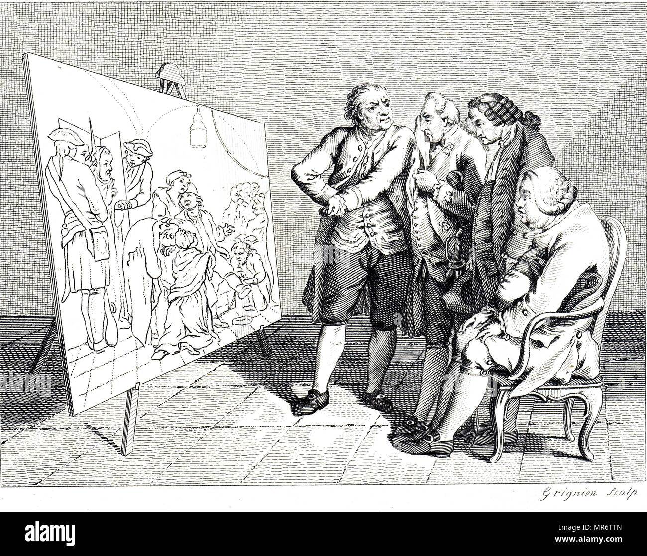 Gravur der Darstellung der vier Kenner an Daniel Chodowiecki die Malerei. Daniel Chodowiecki (1726-1801) ein polnischer und später deutscher Maler und Graphiker. Kupferstich von Reynolds Grignion. Vom 18. Jahrhundert Stockfoto